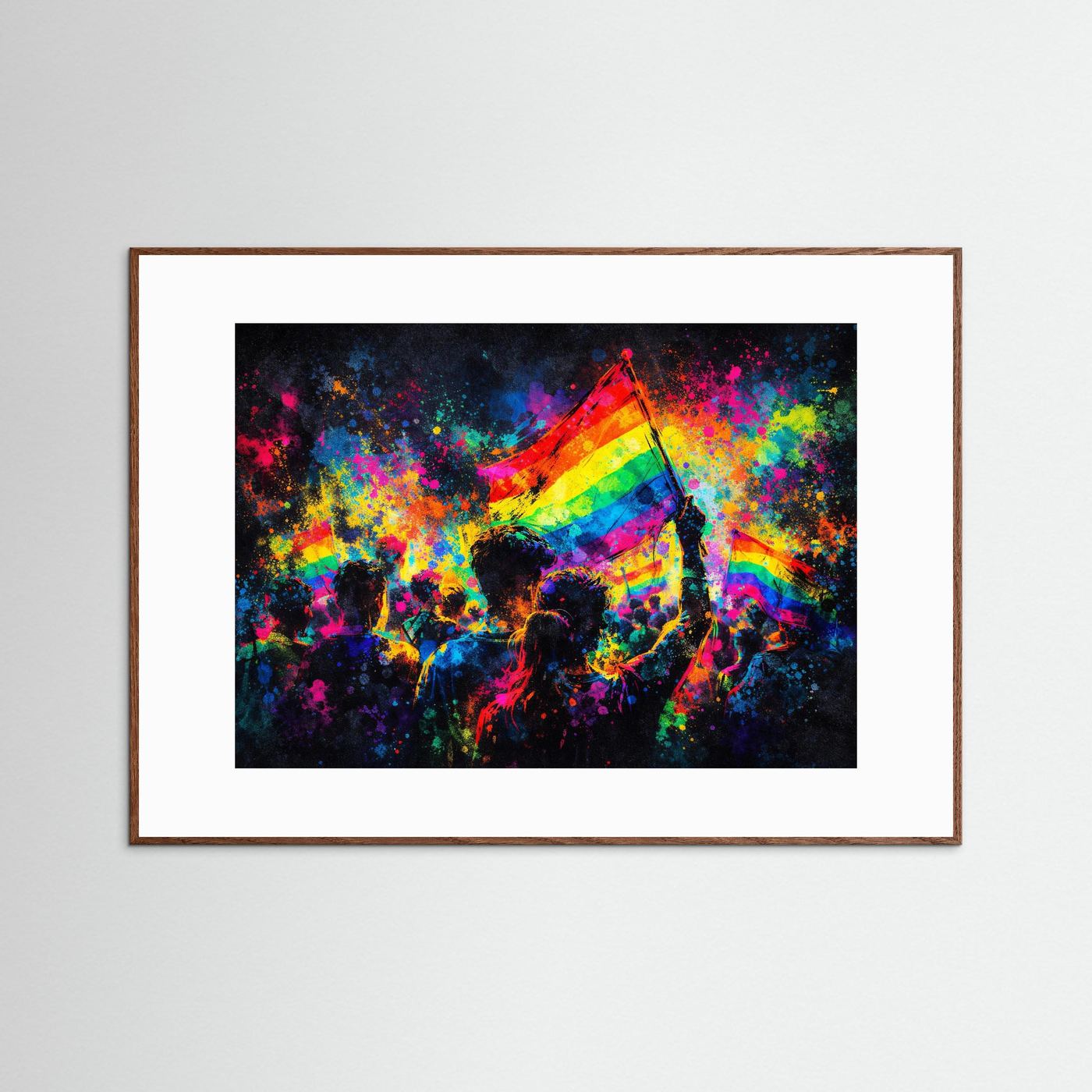 Poster mit Regenbogenflagge und Menschenmenge in bunten Spritzfarben, hellbrauner Rahmen