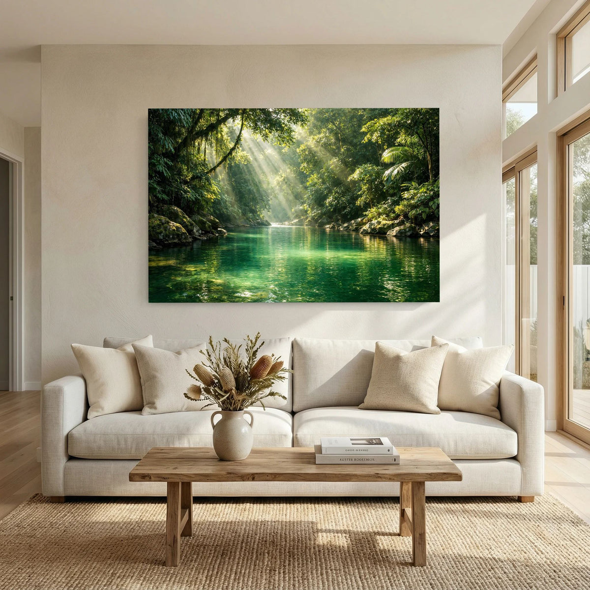 Querformat-Poster mit bewaldetem Flusslauf und reflektierendem, grünem Wasser