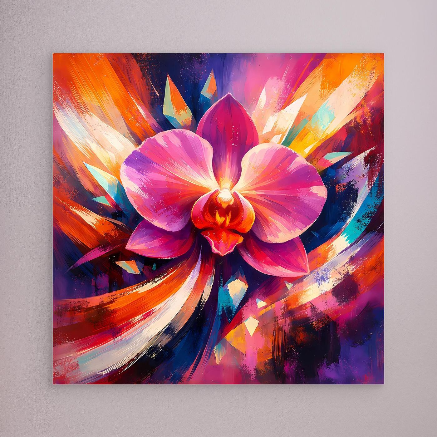 Leinwandbild mit abstrakter Orchidee in Pink, Lila und Orange, ohne sichtbaren Rahmen.