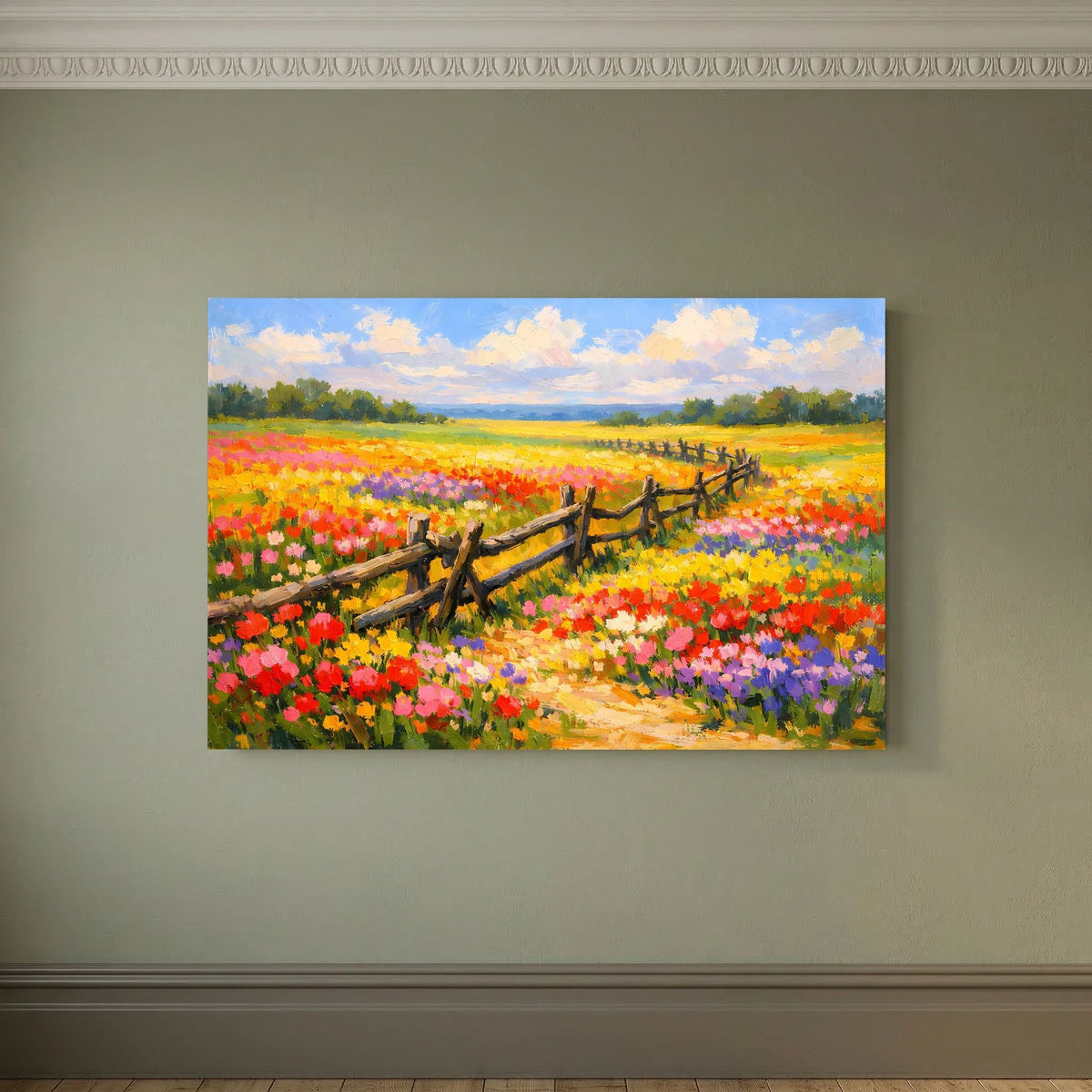 Wandbild im Querformat mit farbenfroher Blumenwiese und Holzzaun