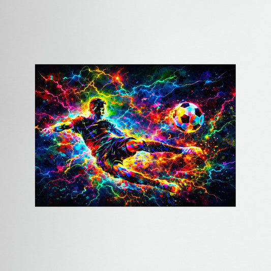 Wandbild-Print: Neon-Fußballspieler mit Ball, bunte Lichtstrudel, schwarzer Rahmen