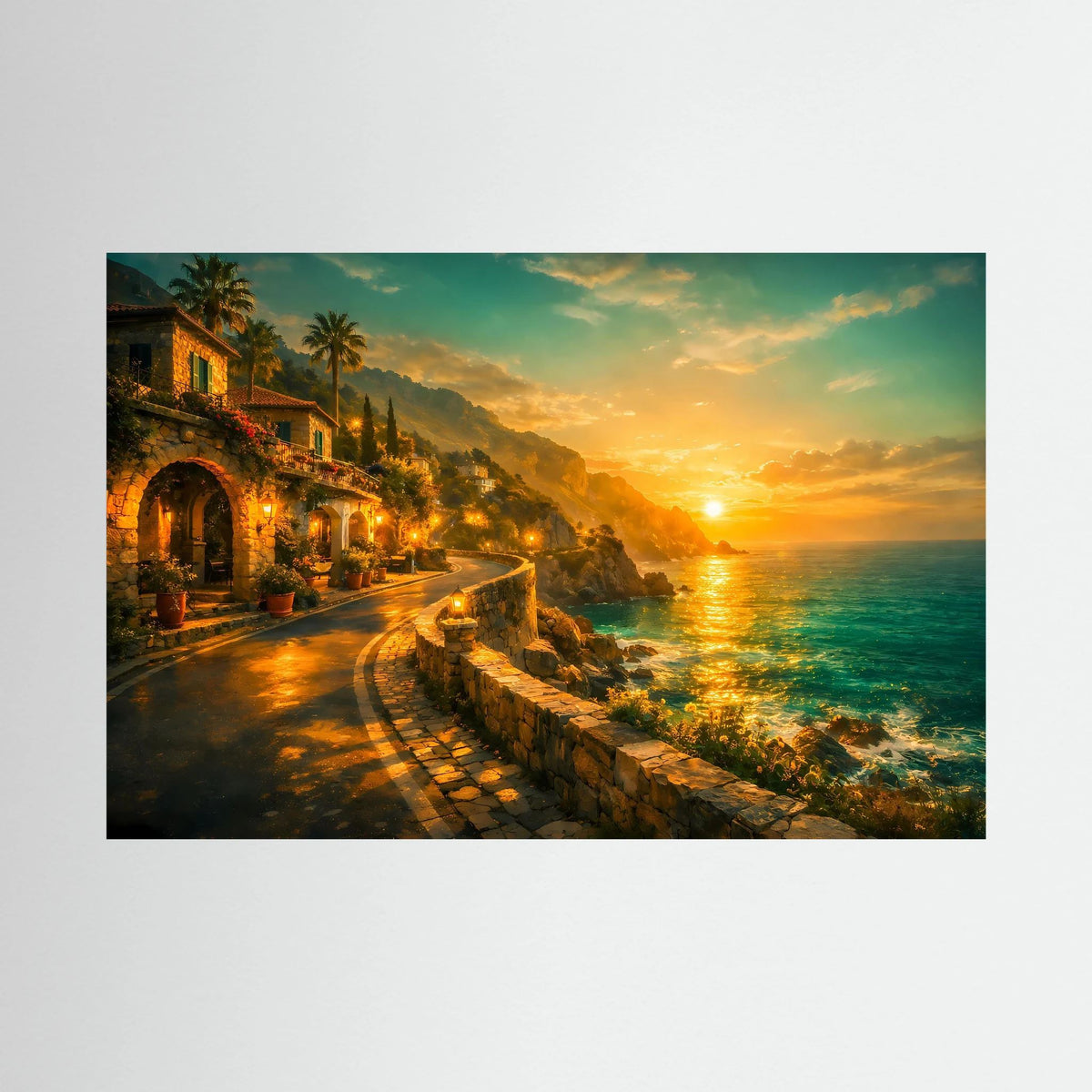 Poster ohne Rahmen mit Küstenstraße und Meer bei goldener Abendsonne, Querformat