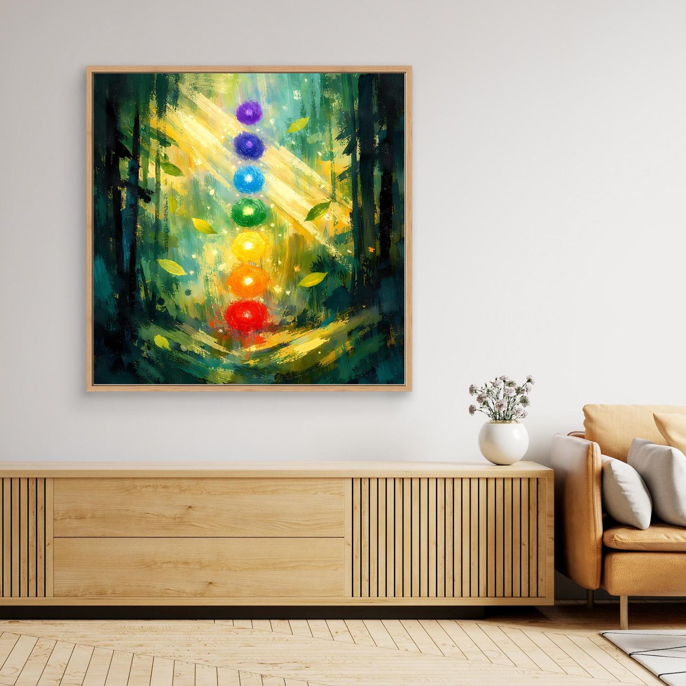 Wandbild auf Leinwand mit Holzrahmen: sieben Chakra-Symbole als leuchtende Kugeln