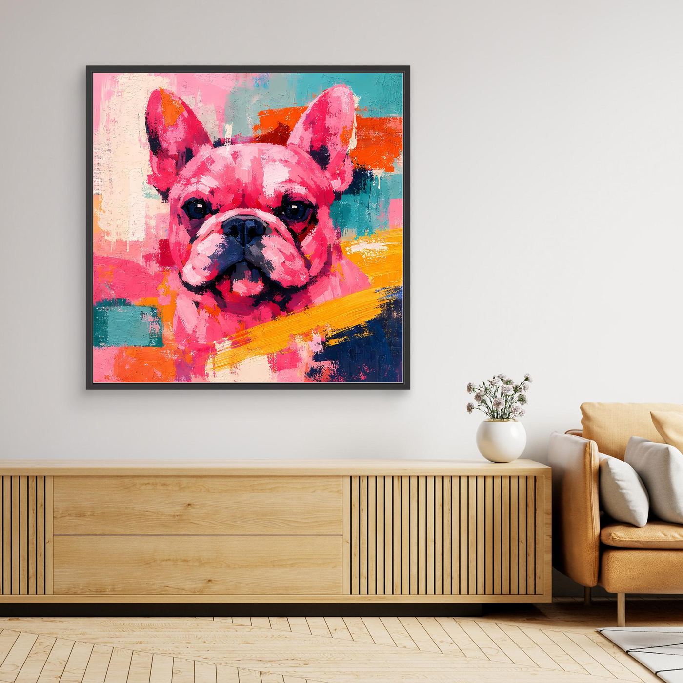Französische Bulldogge Pop-Art Leinwandbild mit schwarzem Rahmen, farbiges Hundemotiv