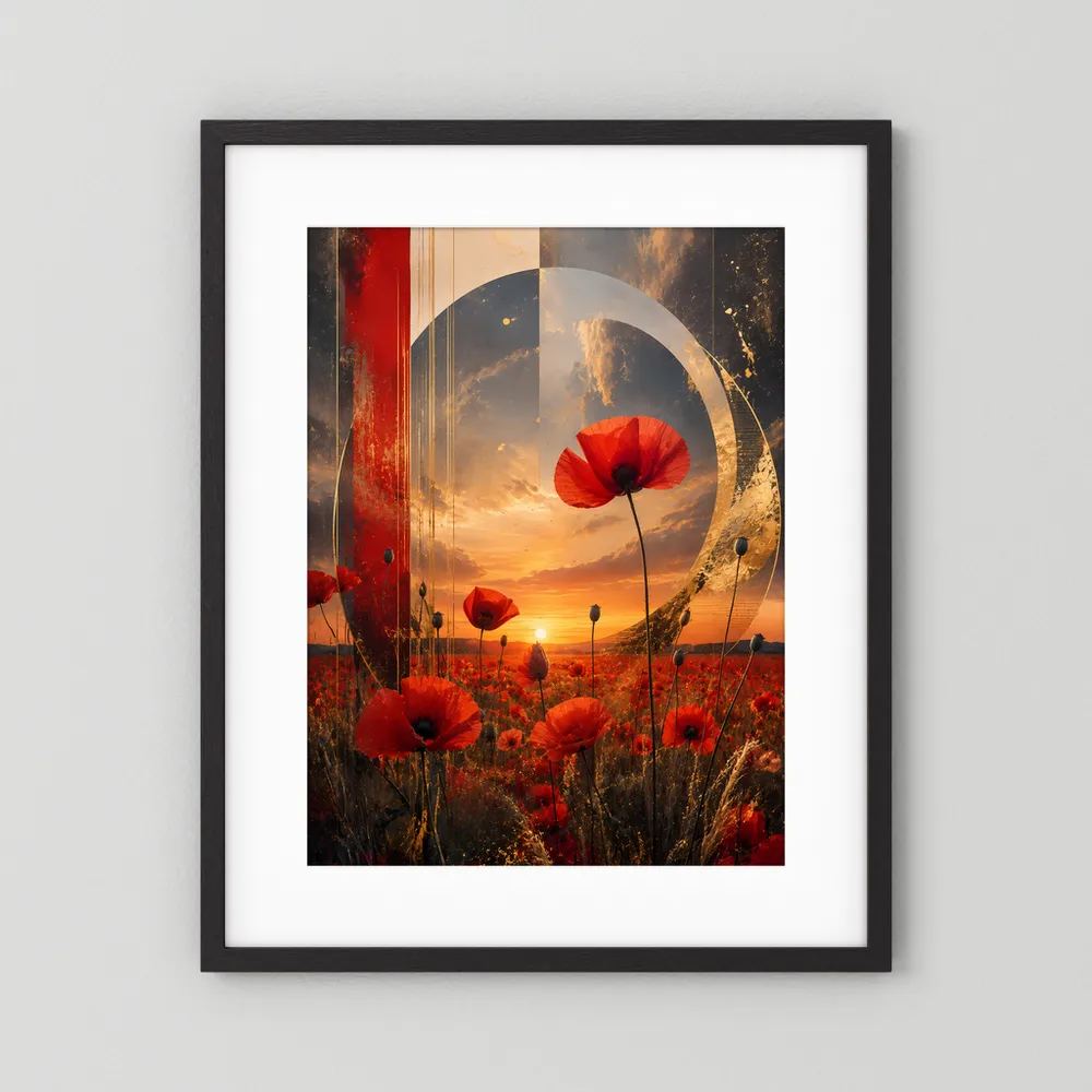 Kunstposter mit roten Mohnblüten und goldenem Kreisbogen, schwarzer Rahmen mit weißem Rand