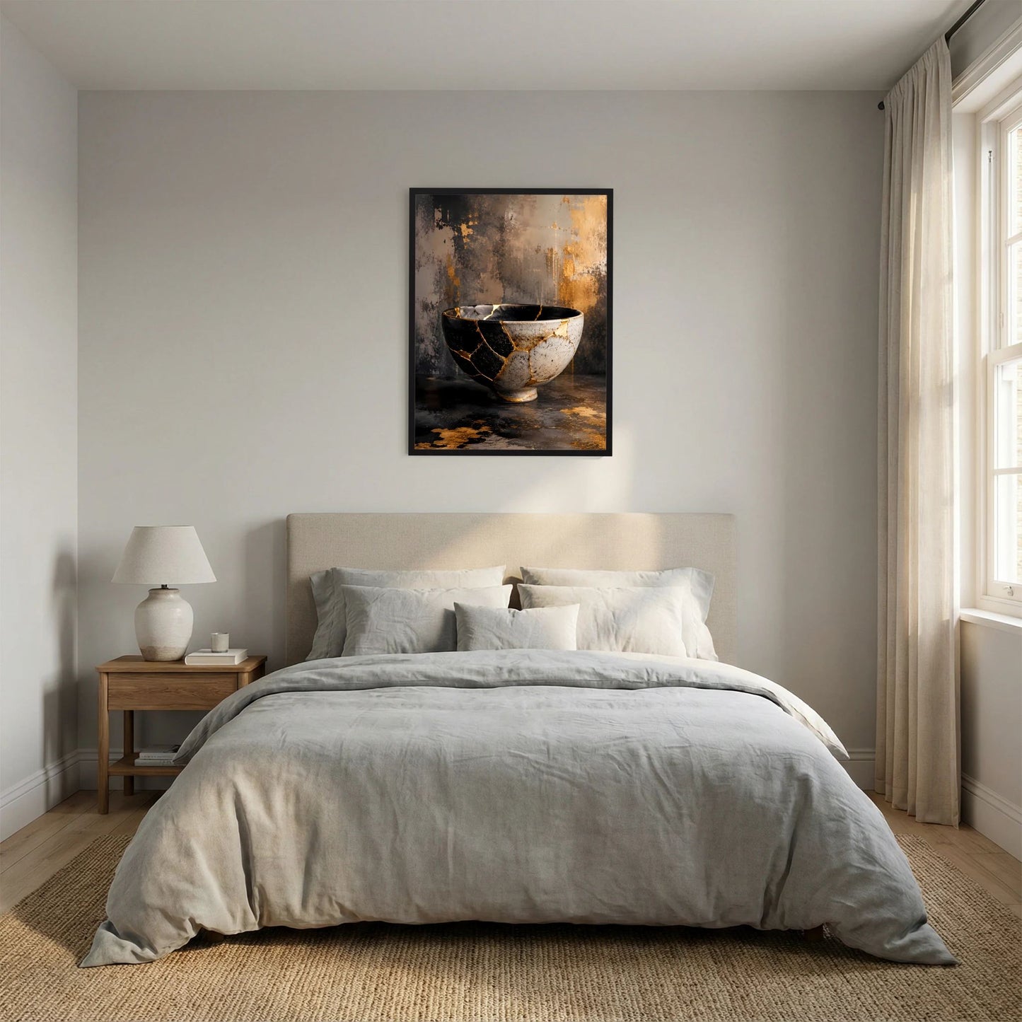 Gerahmtes Hochformat-Poster mit weißer Schale, schwarzen Flächen und goldener Kintsugi-Linierung