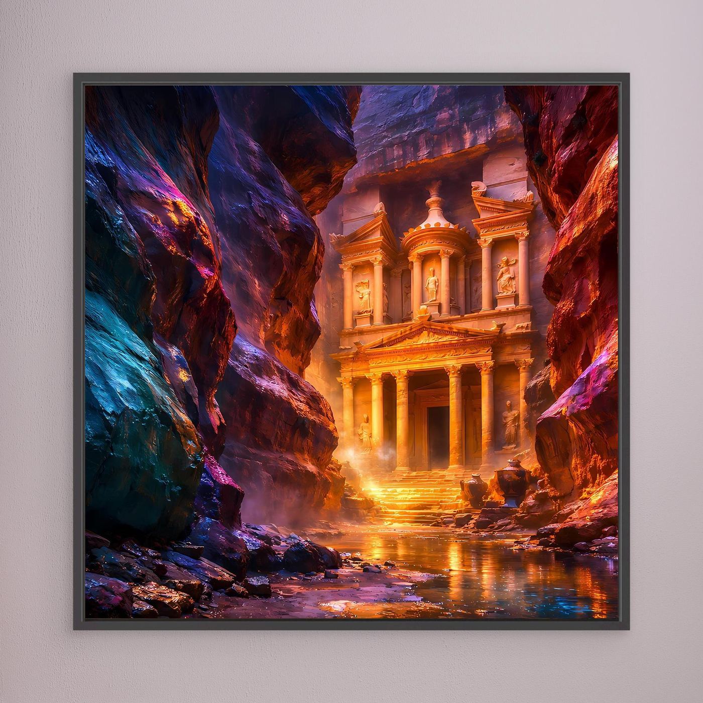 Leinwandbild Mystisches Petra im Abendlicht | Antike Felsenstadt Wandbild auf echtem Holzkeilrahmen