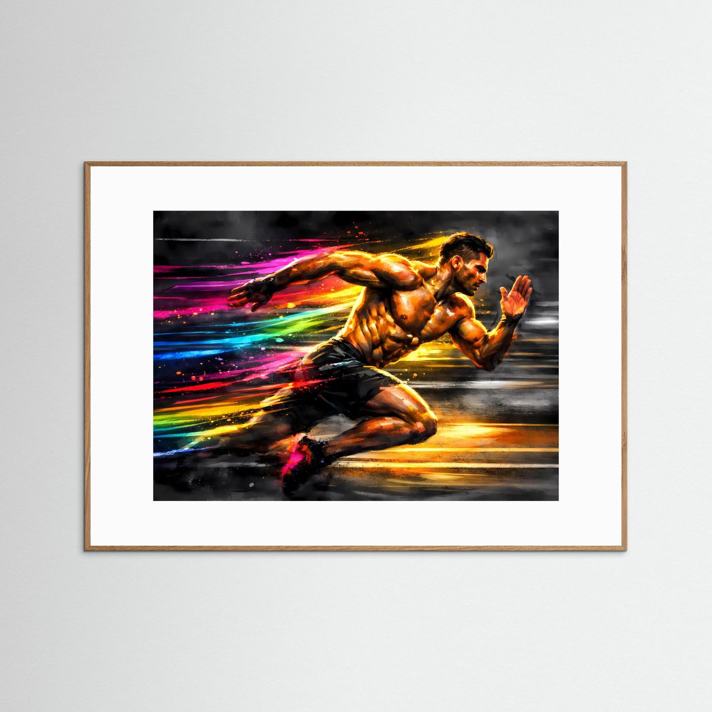 Gerahmtes Sport-Poster mit Sprinter im Neon-Splash-Art, goldbrauner Rahmen