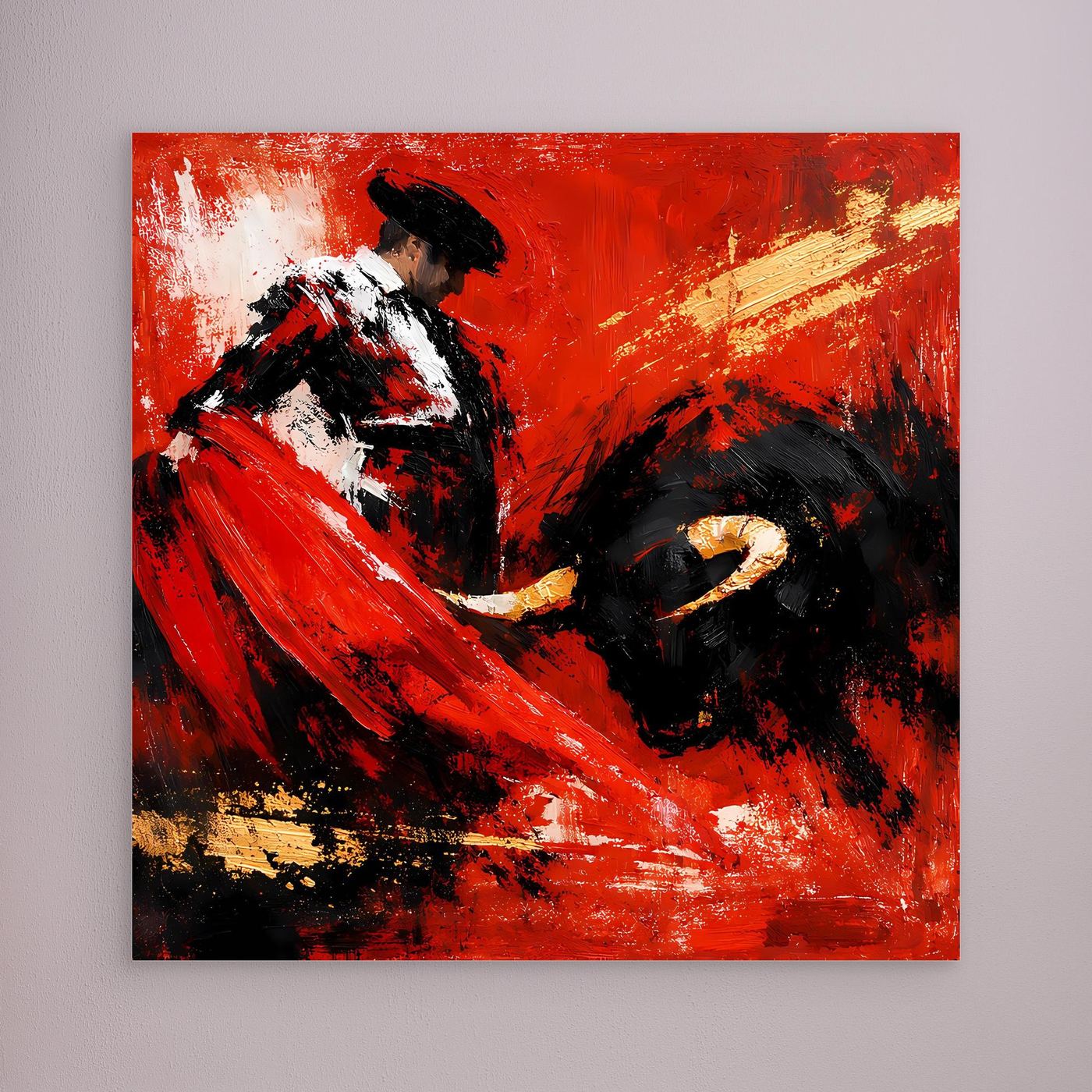 Leinwand-Wandbild mit abstraktem Torero und Stier, Detail in Rot, Schwarz und Gold