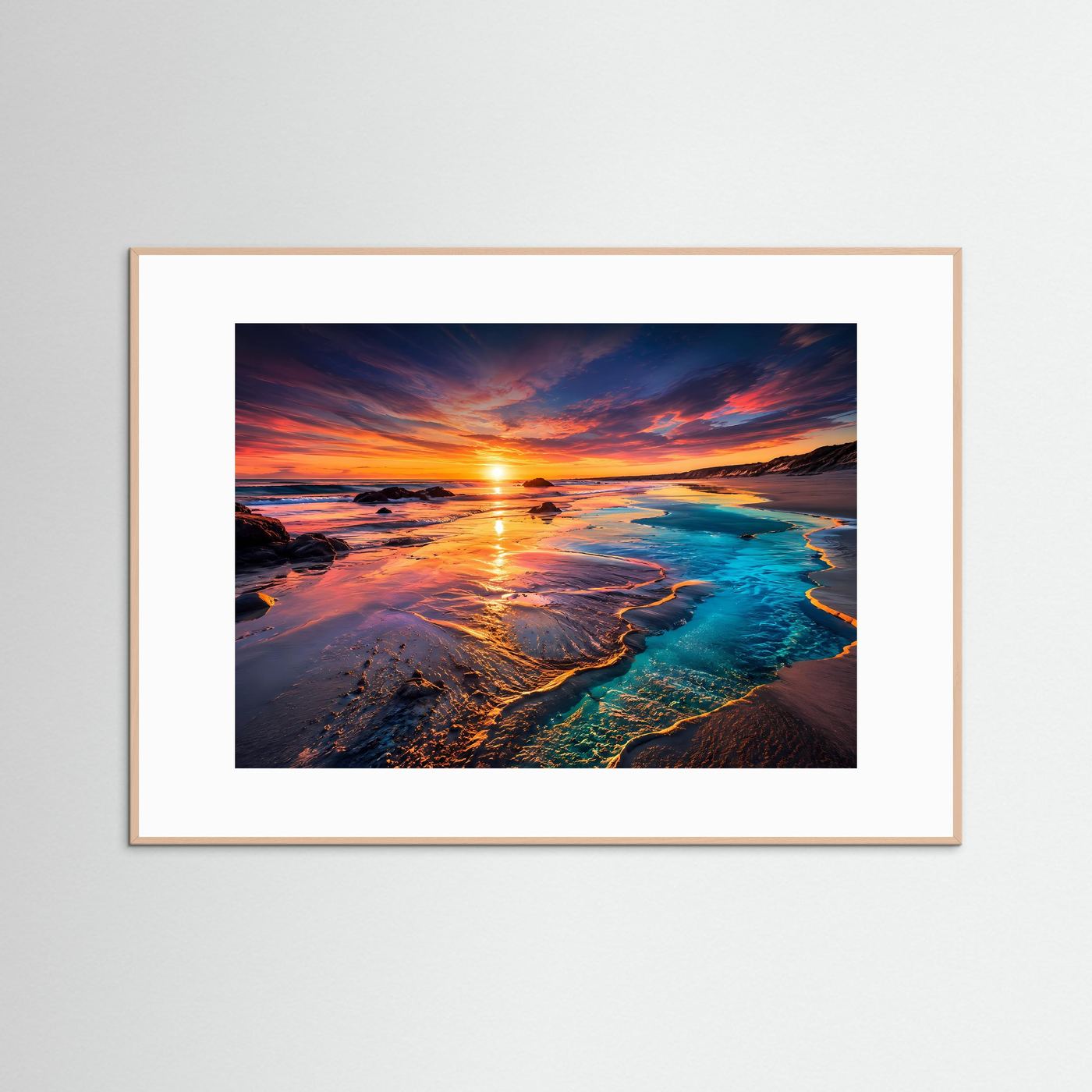 Sonnenuntergang Strand Poster | Türkis Küste Wandbild | Moderne Landschaft Kunst | Ozean Fine Art | Panorama Leinwand