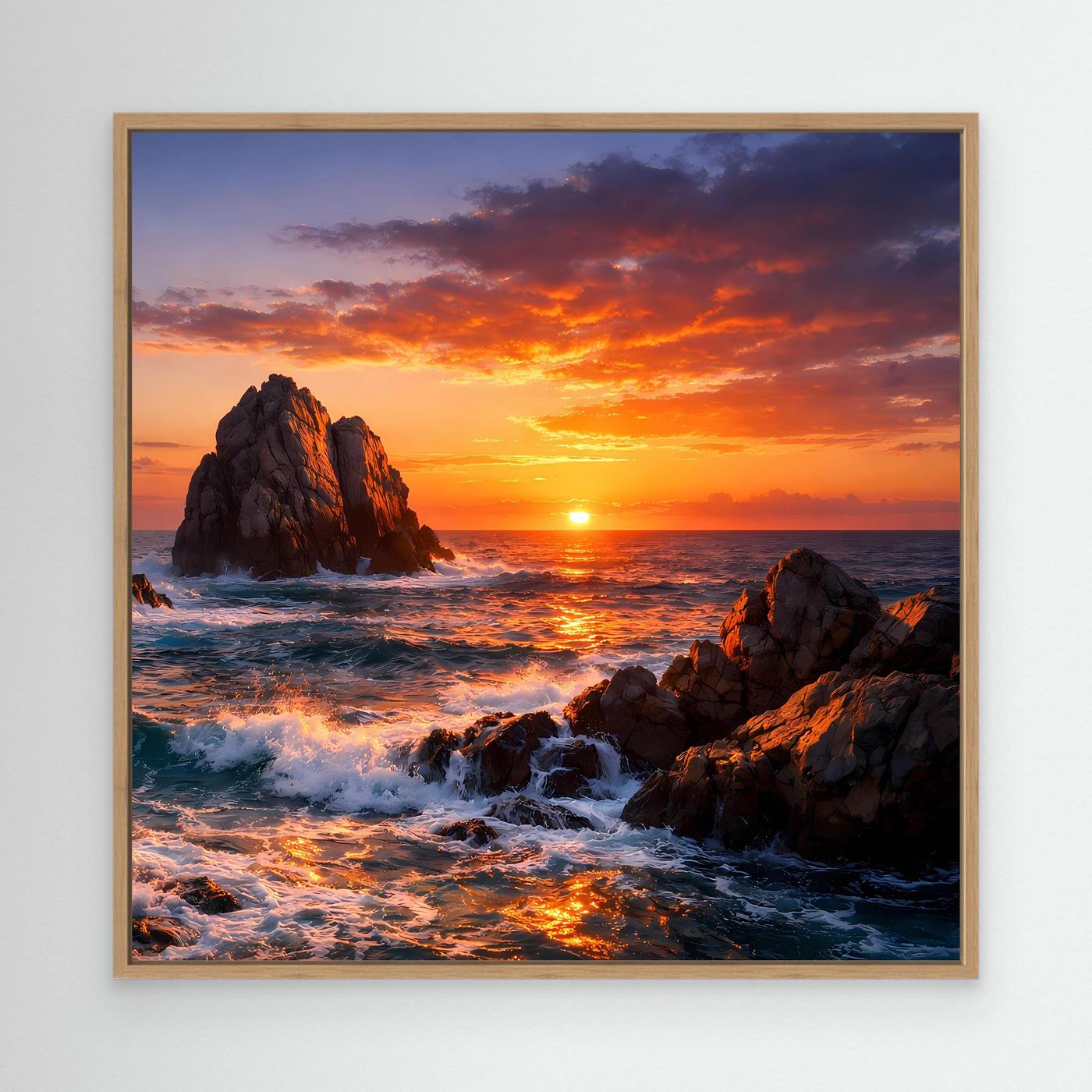 Leinwand-Wandbild mit Sonnenuntergang am Meer, Felsklippen und Wellen im Holzrahmen
