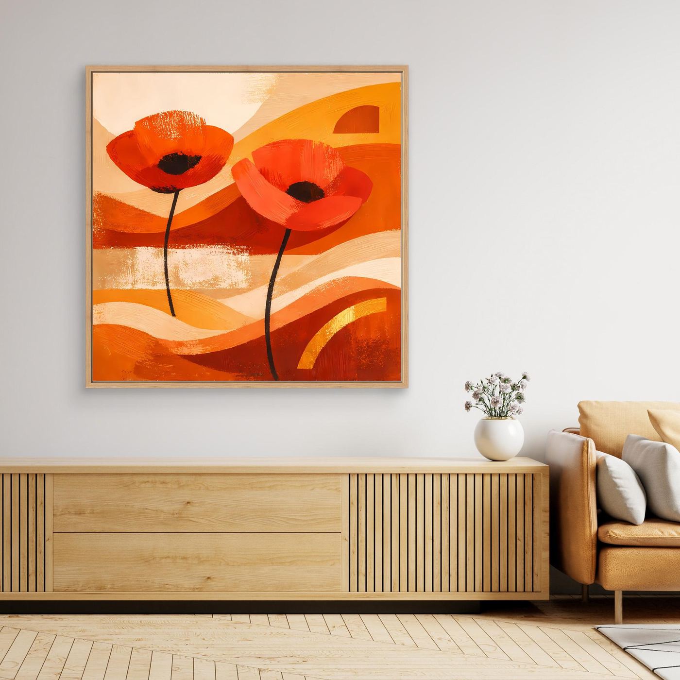 Gerahmtes Wandbild: orangefarbene Mohnblüten mit schwarzen Linien und hellen Wellenflächen
