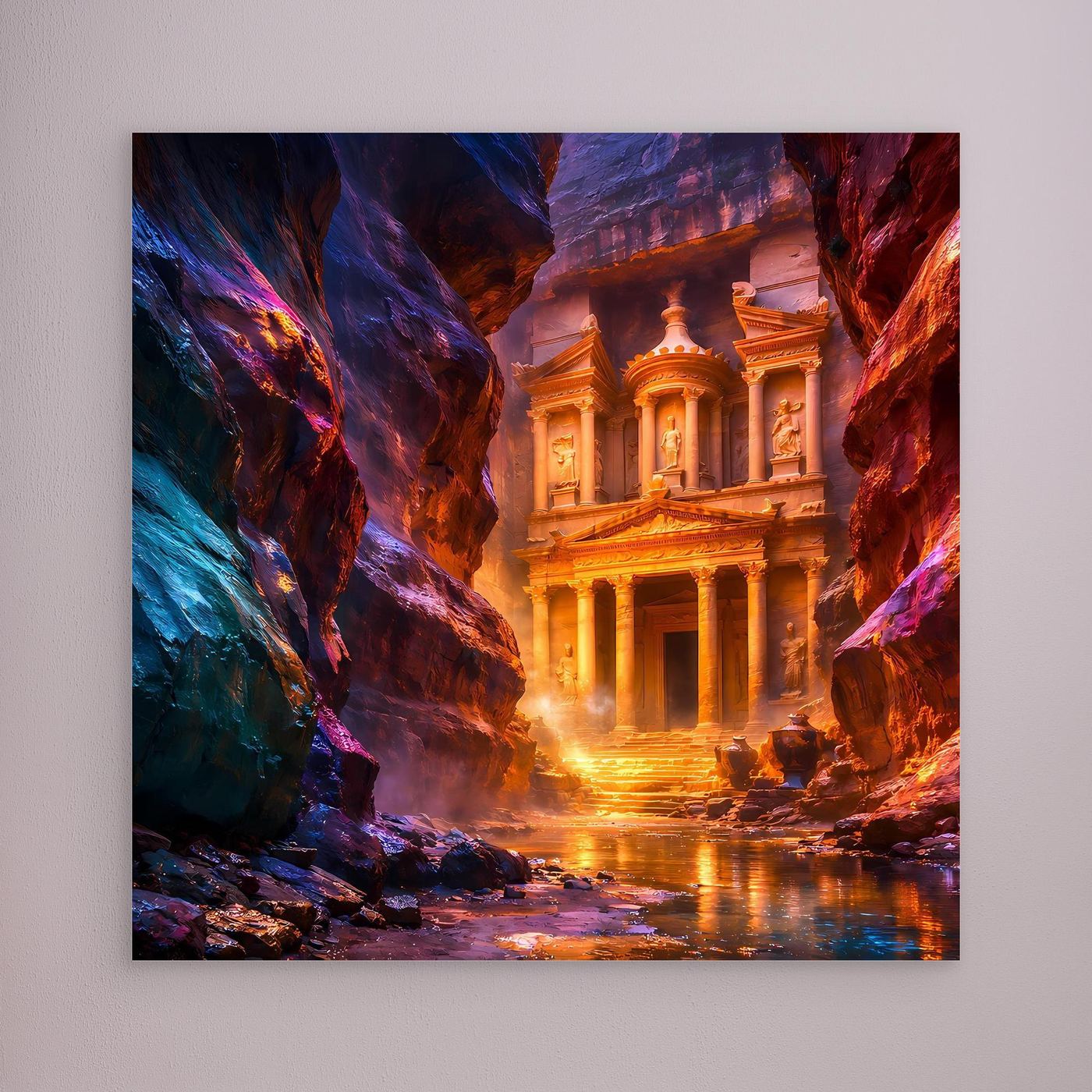 Leinwandbild Mystisches Petra im Abendlicht | Antike Felsenstadt Wandbild auf echtem Holzkeilrahmen