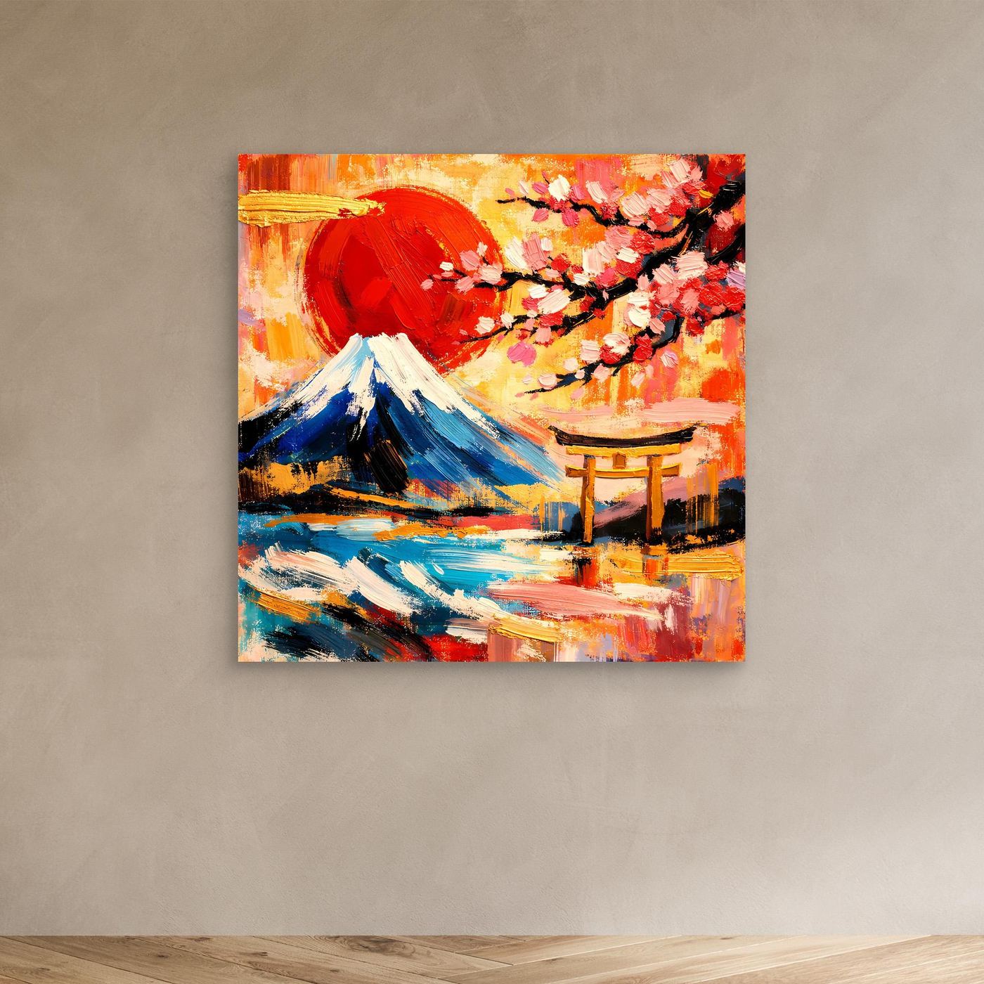 Leinwandbild mit Berg Fuji, rotem Torii und Kirschblüten, abstrakte Farben, ohne Rahmen