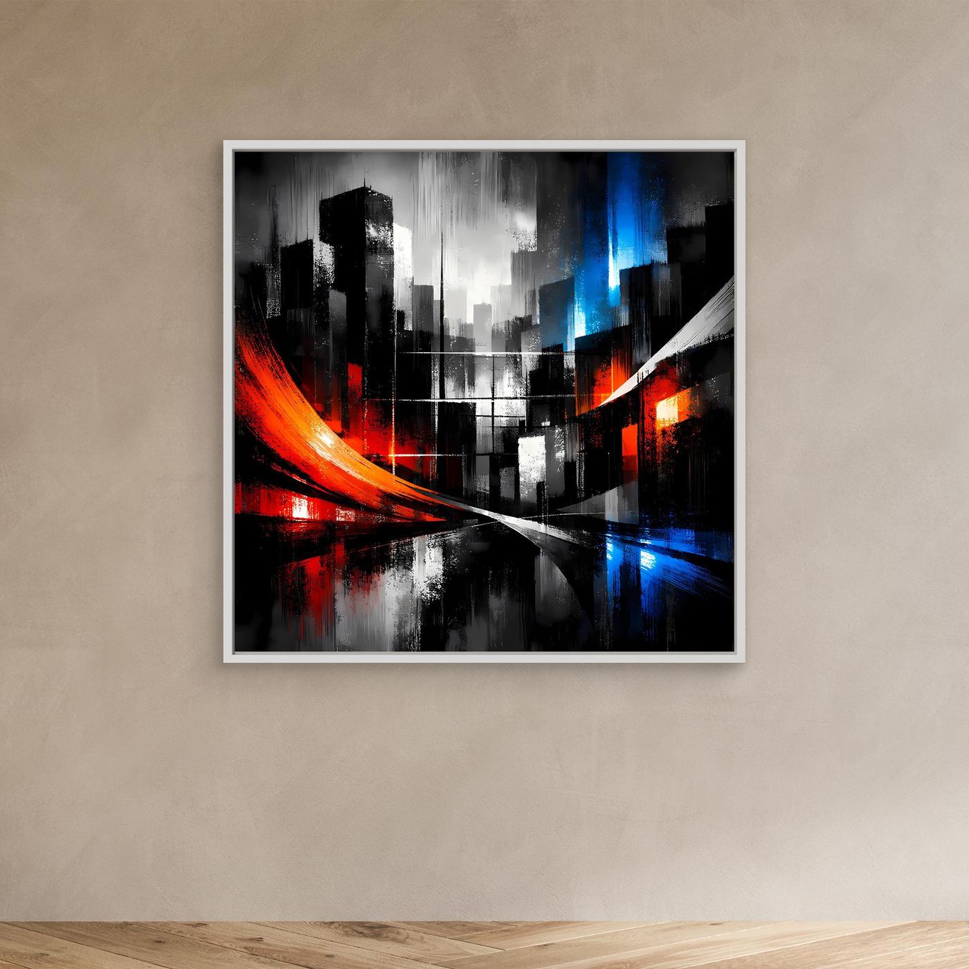 Abstraktes Skyline-Wandbild mit weißem Rahmen, blaue und rote Lichtspuren, dunkle Hochhäuser