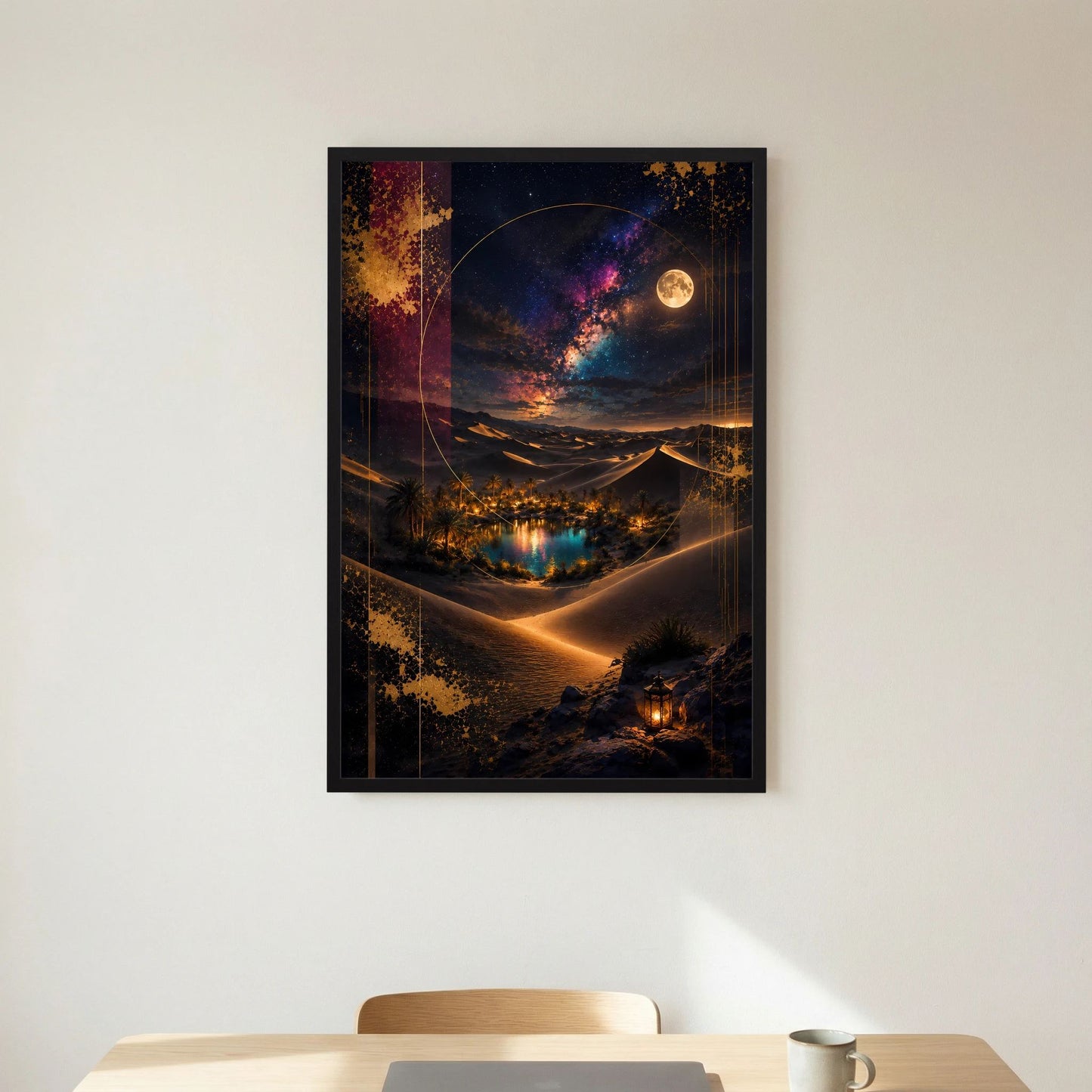 Hochformat-Poster in schwarzem Rahmen: Wüstenoase bei Vollmond, Sterne und leuchtender Pfad