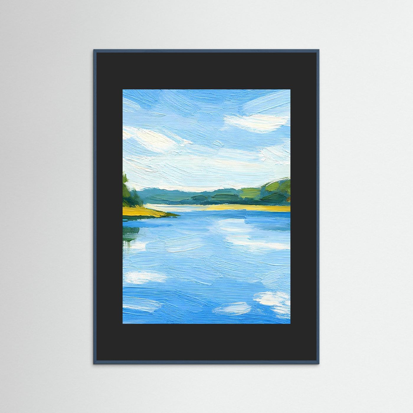 Gerahmter Kunstdruck Flusslandschaft im Sommer mit dunkelgrauem Rahmen