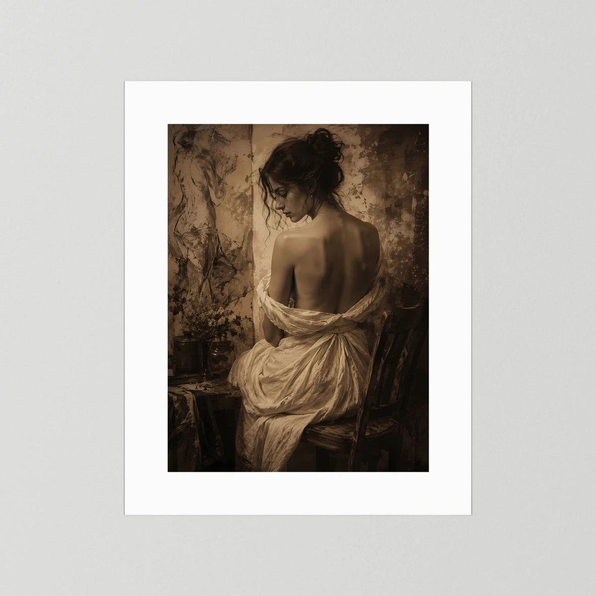 Kunstposter mit Sepia-Porträt einer Frau, weißer Rand, ohne Rahmen