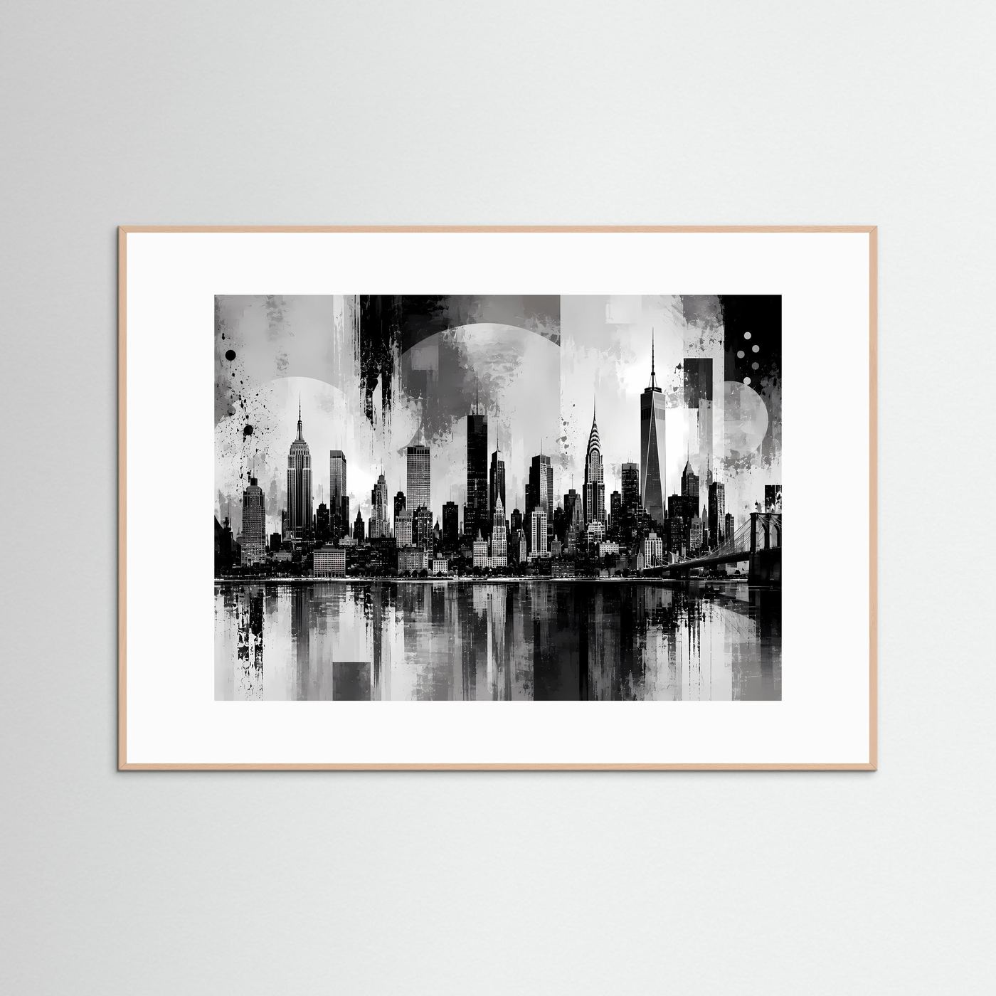 Schwarzweiß-Stadtposter mit Skyline über Fluss und Brücke, im hellem Holzrahmen