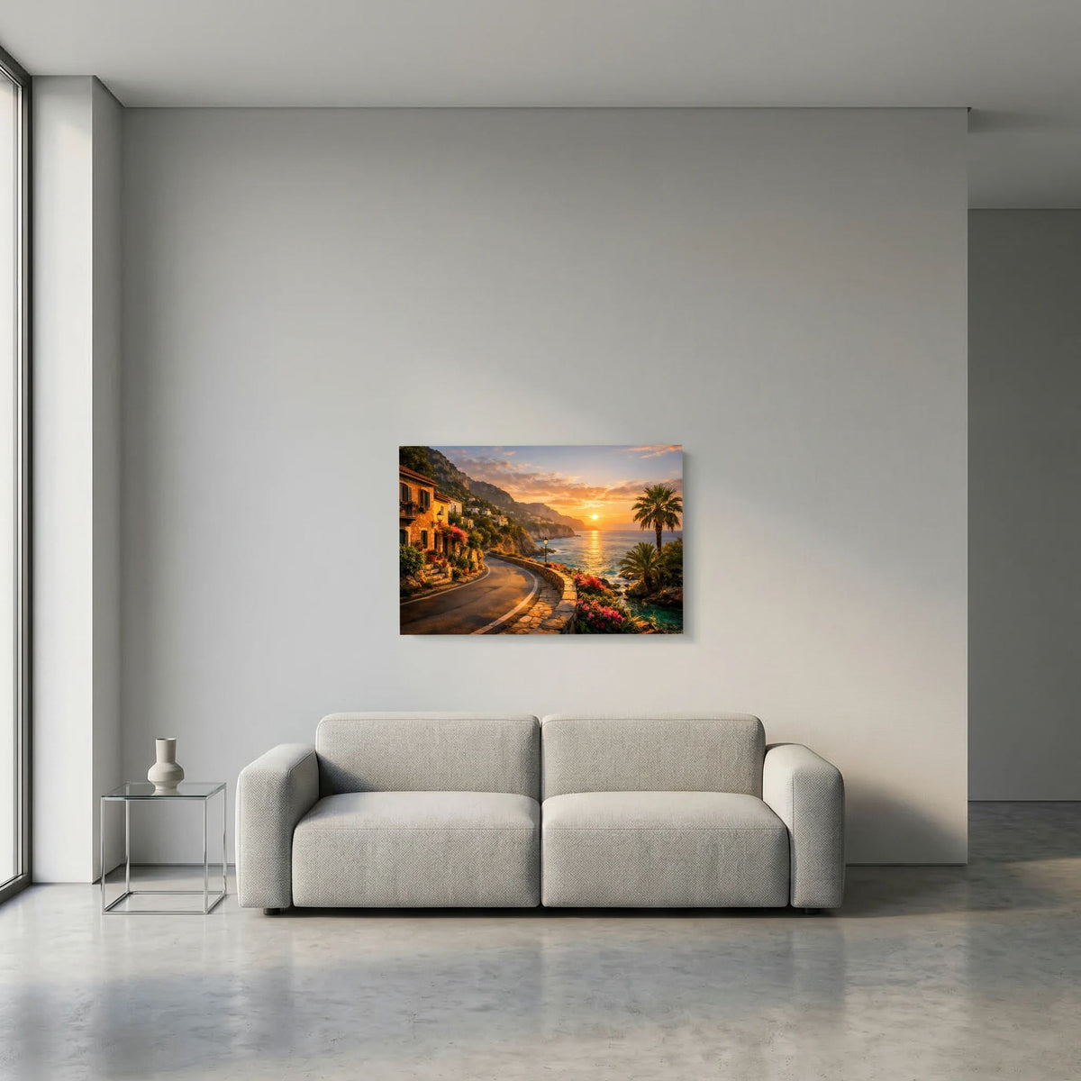 Wandbild im Querformat: Küstenstraße am Meer bei goldenem Sonnenuntergang