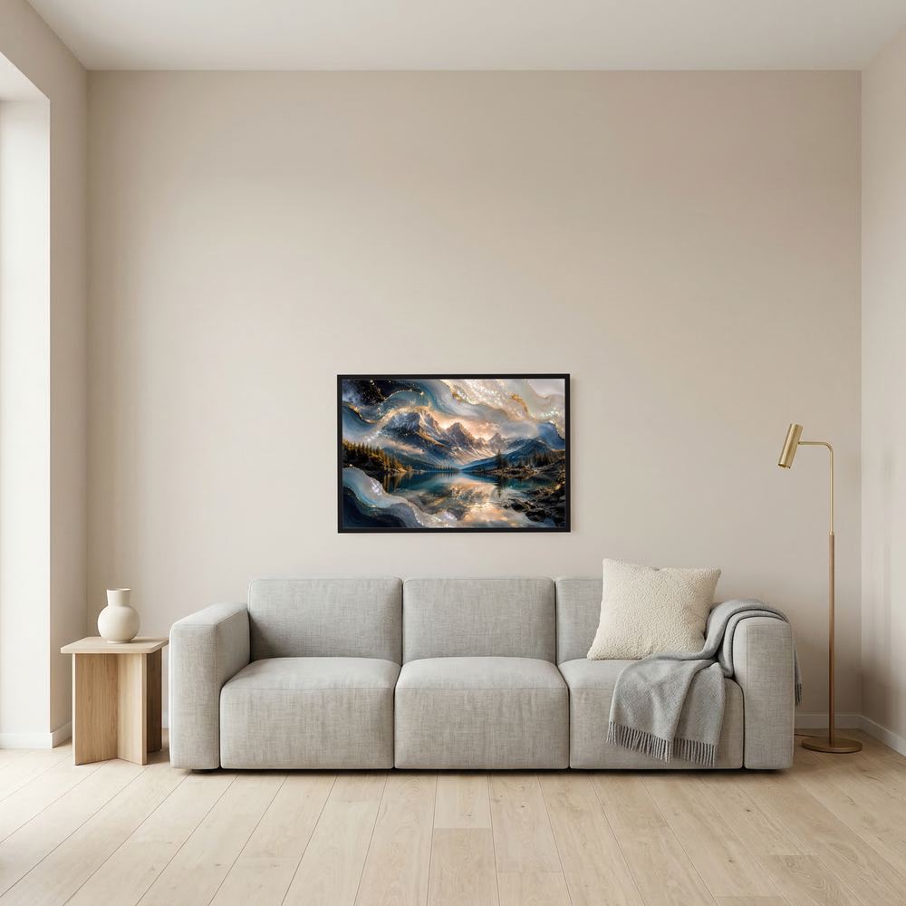 Kleines Querformat-Poster mit dunklem Rahmen und abstrakter Berglandschaft mit Bergsee in Blau und Gold