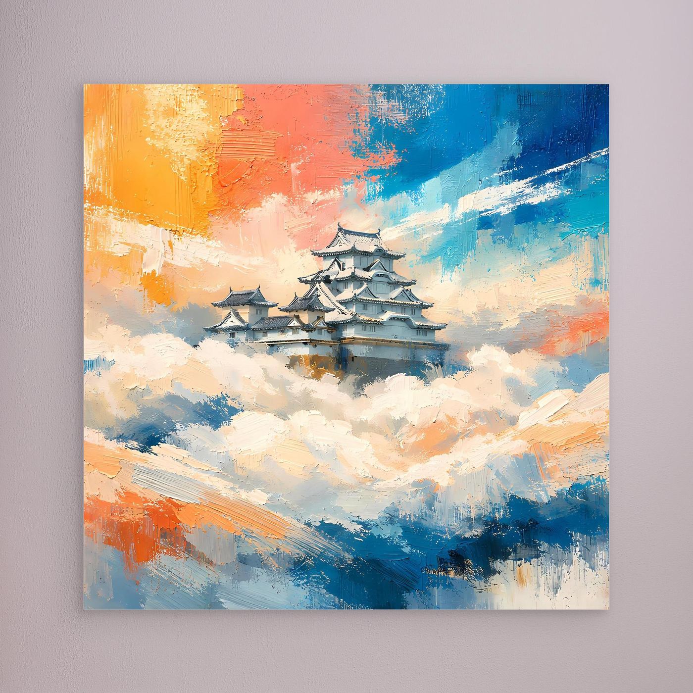 Leinwand Traditionelle Japanische Burg über den Wolken | Fernöstliches Wandbild auf echter Leinwand