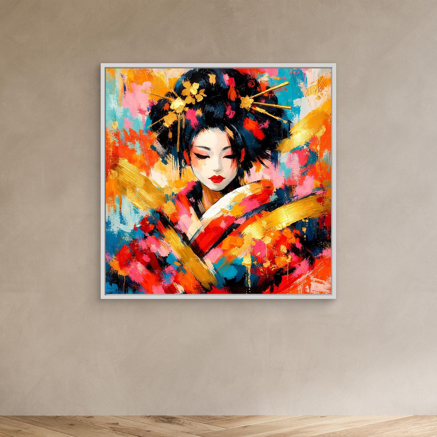 Leinwandbild im weißen Rahmen: Geisha-Porträt in abstrakten Farben mit goldenen Akzenten