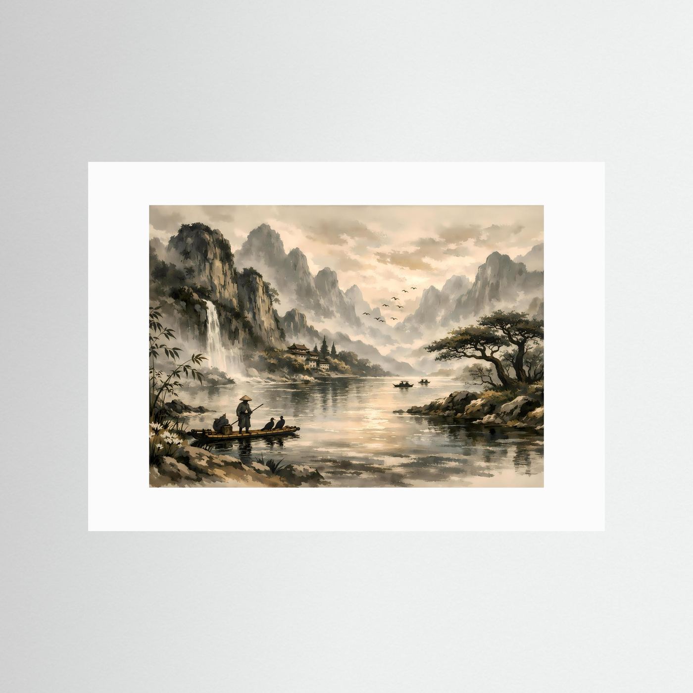 Traditionelle Asiatische Flusslandschaft | Sepia & Natur Kunst Poster Querformat