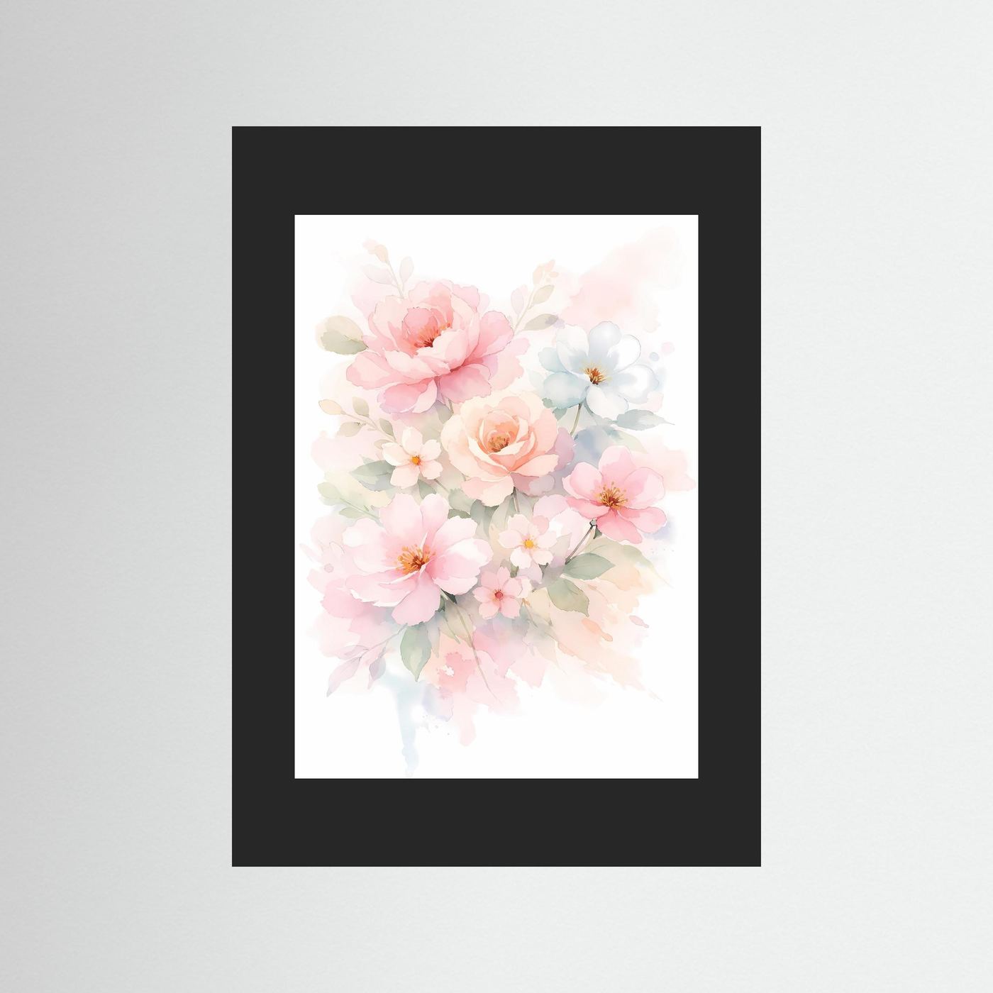 Poster mit Aquarell-Blumenbouquet in Pastellfarben, schwarzer Rahmen