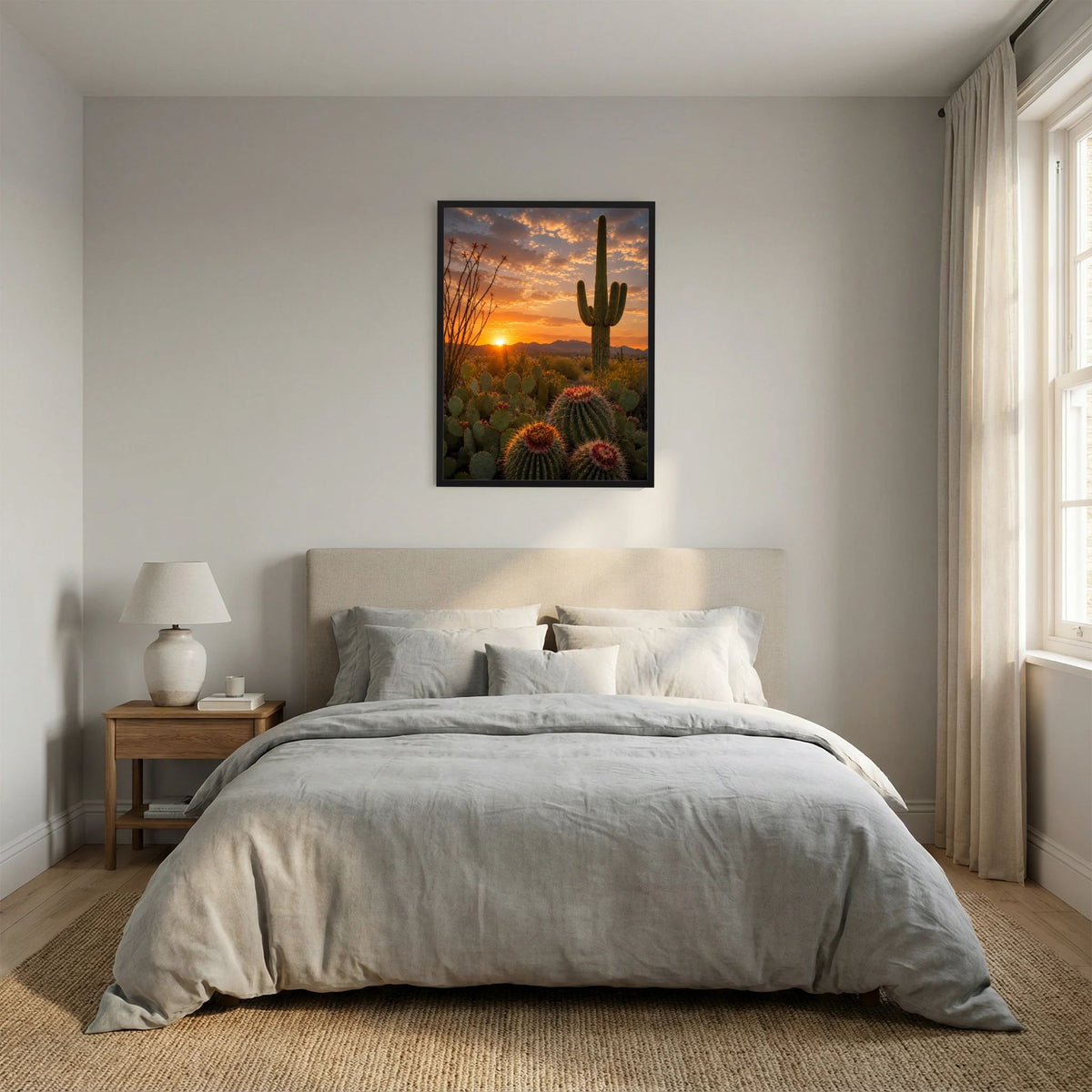 Gerahmtes Poster im Hochformat mit Kakteenlandschaft und orangefarbenem Sonnenuntergang