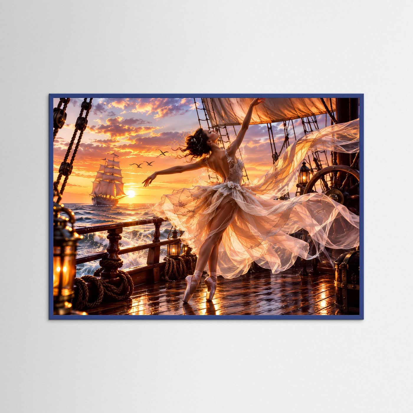 Ballerina auf Segelschiff Poster | Romantische Meereskunst | Sonnenuntergang Wandbild | Elegante Tanzkunst | Premium Leinwandbild