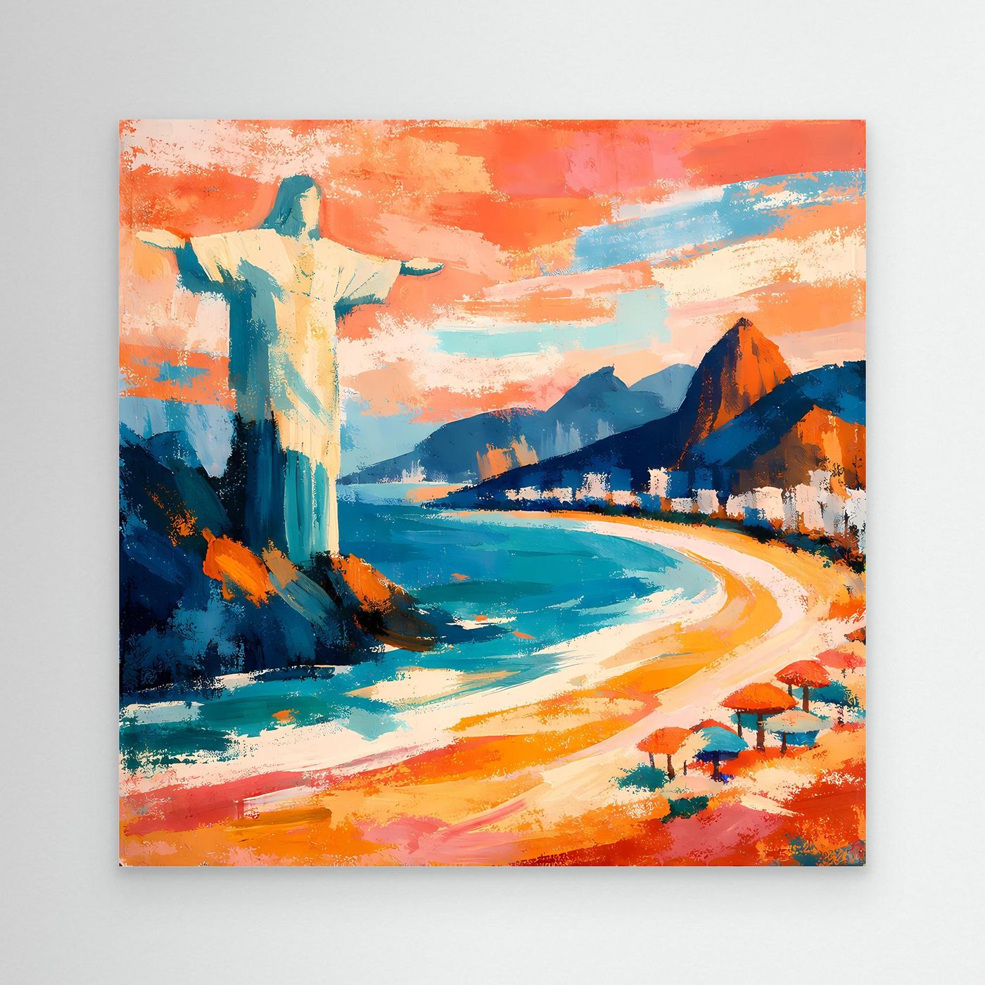 Abstraktes Strand-Wandbild mit Flusslandschaft, türkis-blauen Flächen und kräftigen Orangetönen