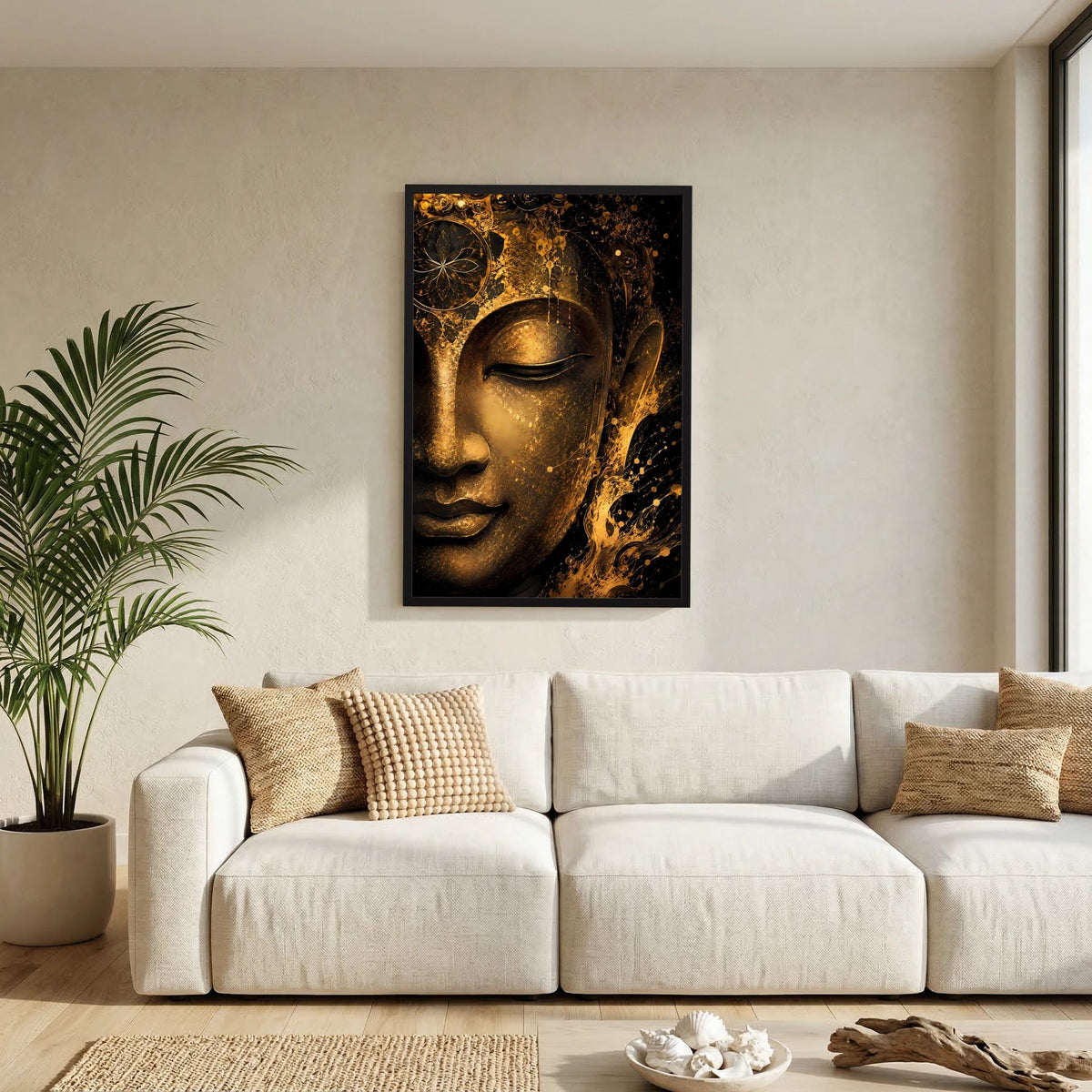 Abstraktes Buddha-Gesicht Poster, schwarz-goldener Look, Hochformat, mit schwarzem Rahmen