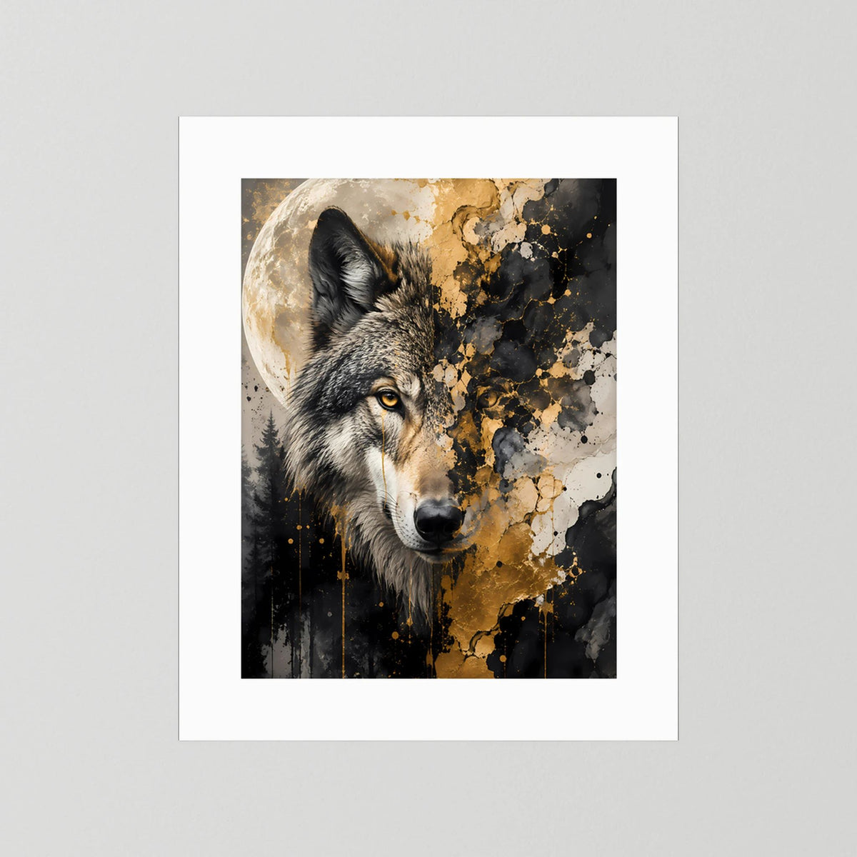 Poster im Hochformat mit Wolfskopf, Mond und schwarz-goldenem Spritzdesign mit weißem Passepartout.