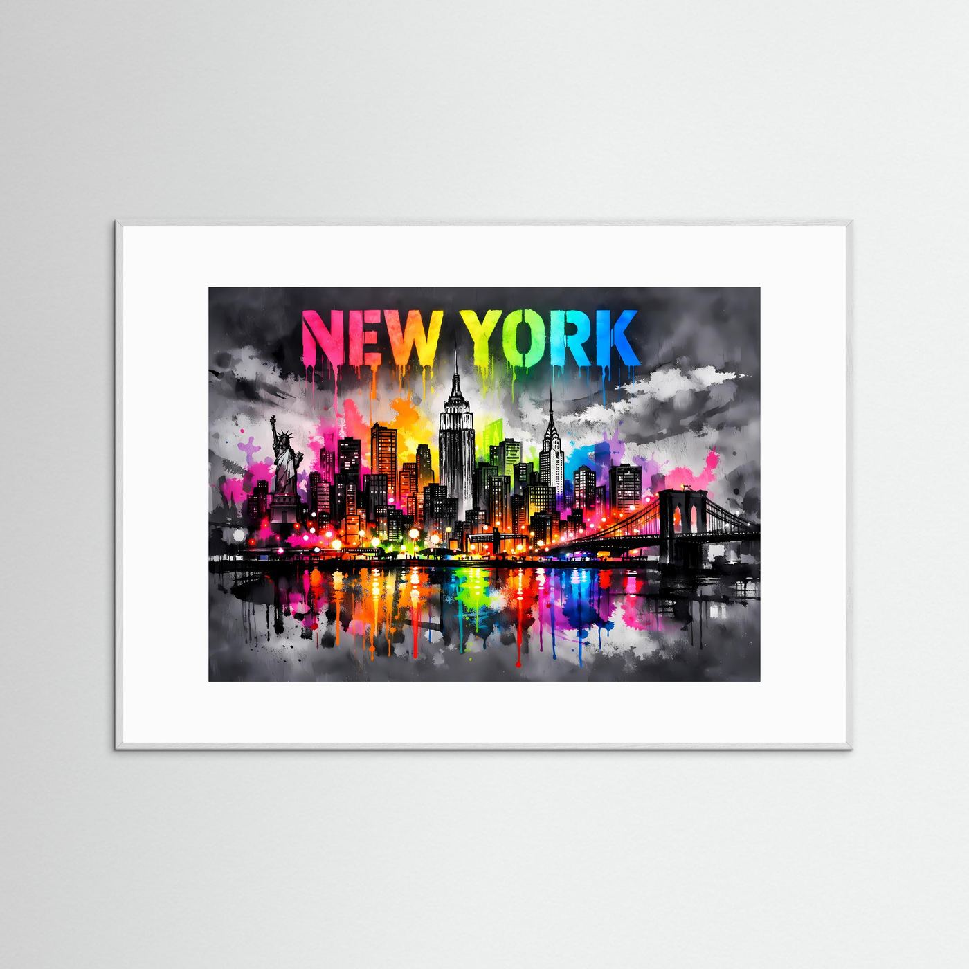 Neon-Art Poster mit New-York-Skyline, Regenbogenfarben und Schriftzug, grauer Rahmen