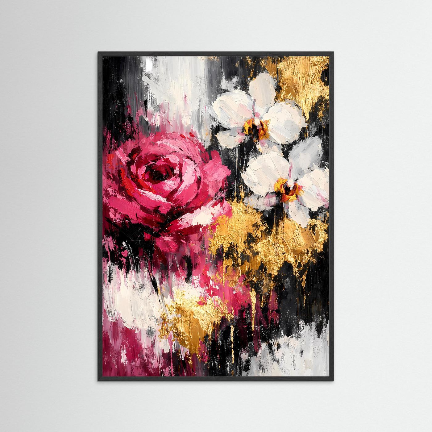 Abstraktes Blumenposter mit schwarzem Rahmen: rote Rose, weiße Blüten, goldene Spritzer
