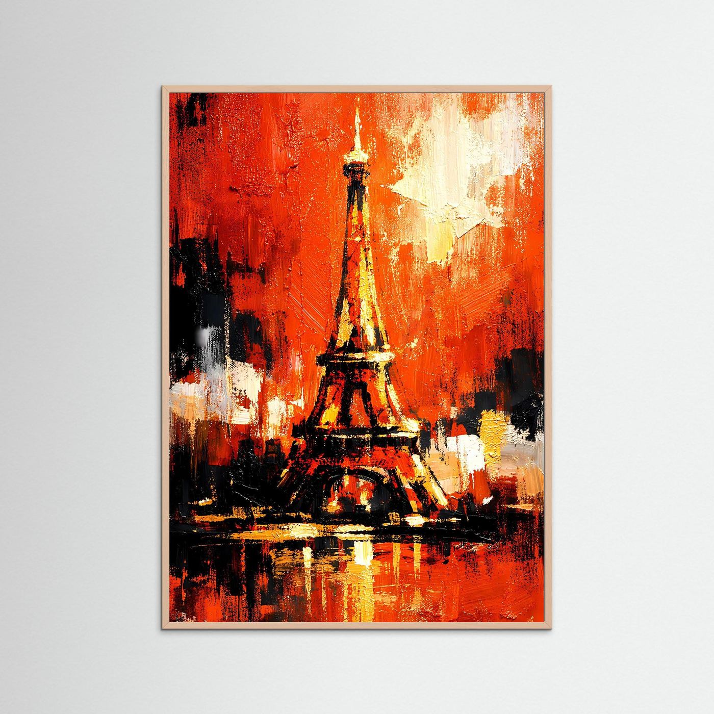 Gerahmtes Kunstposter mit Eiffelturm-Illustration in Abendrot, goldgelben Stellen und kräftigen Pinselstrichen
