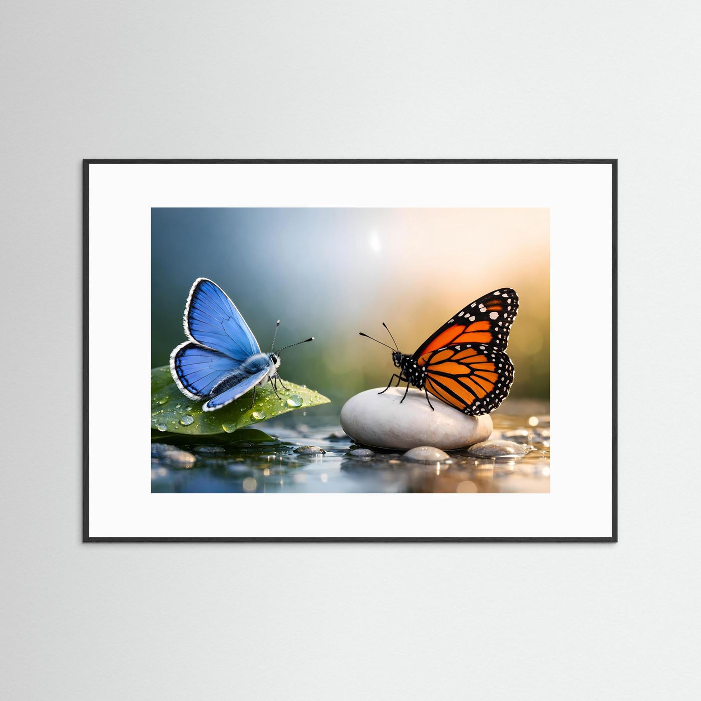 Insekten-Makroposter mit blauem Schmetterling auf Blatt und orangefarbenem Schmetterling am Wasser
