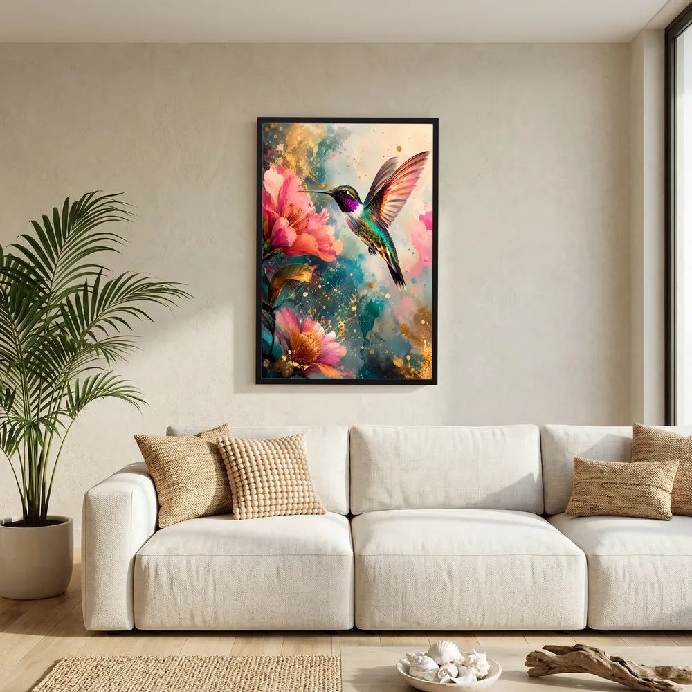 Gerahmtes Kunstposter mit Kolibri, rosa Blüten und Goldakzenten, dunkler Rahmen
