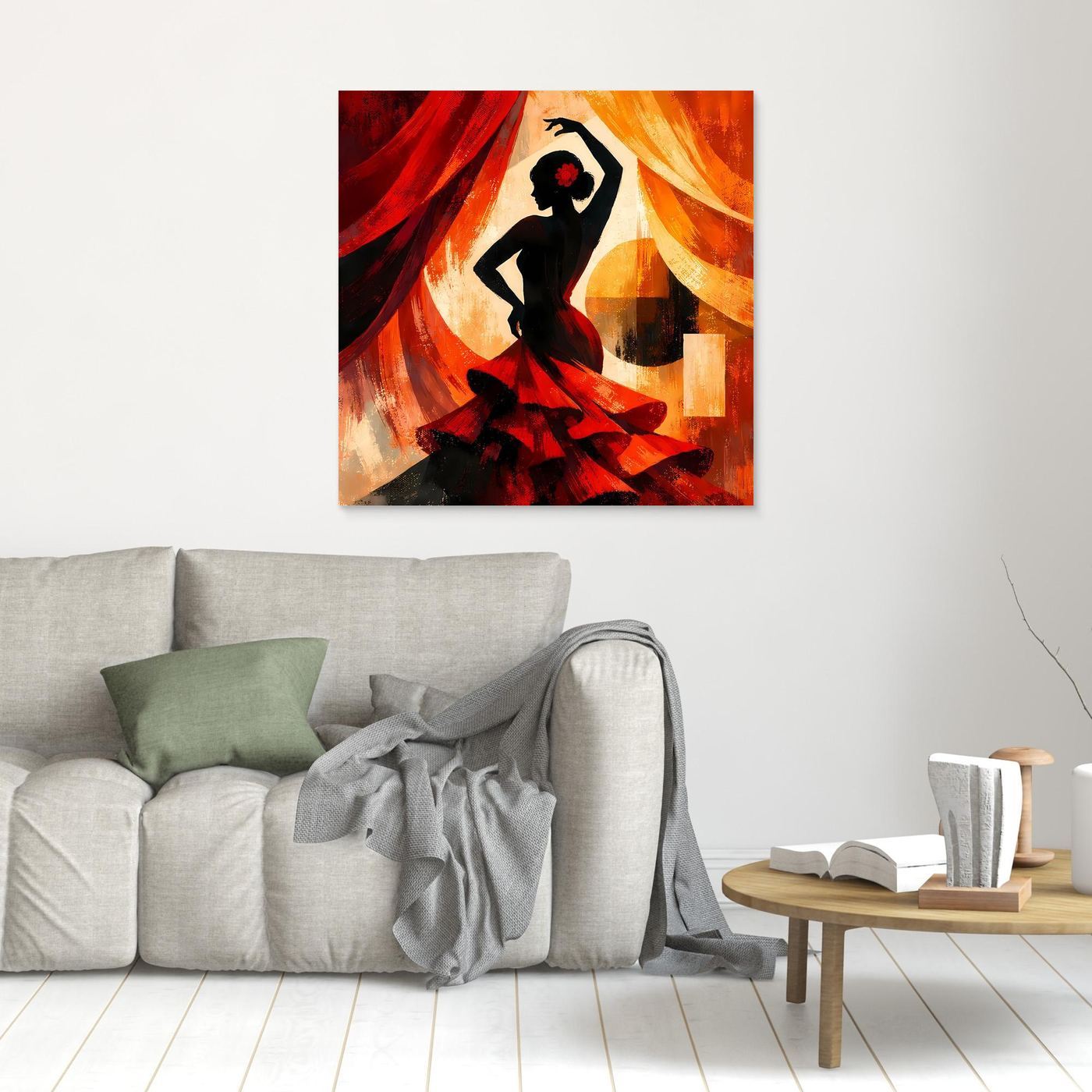 Kleines Leinwandbild mit schwarzer Flamenco-Silhouette, rotem Blümchen und roten/orangen Vorhängen