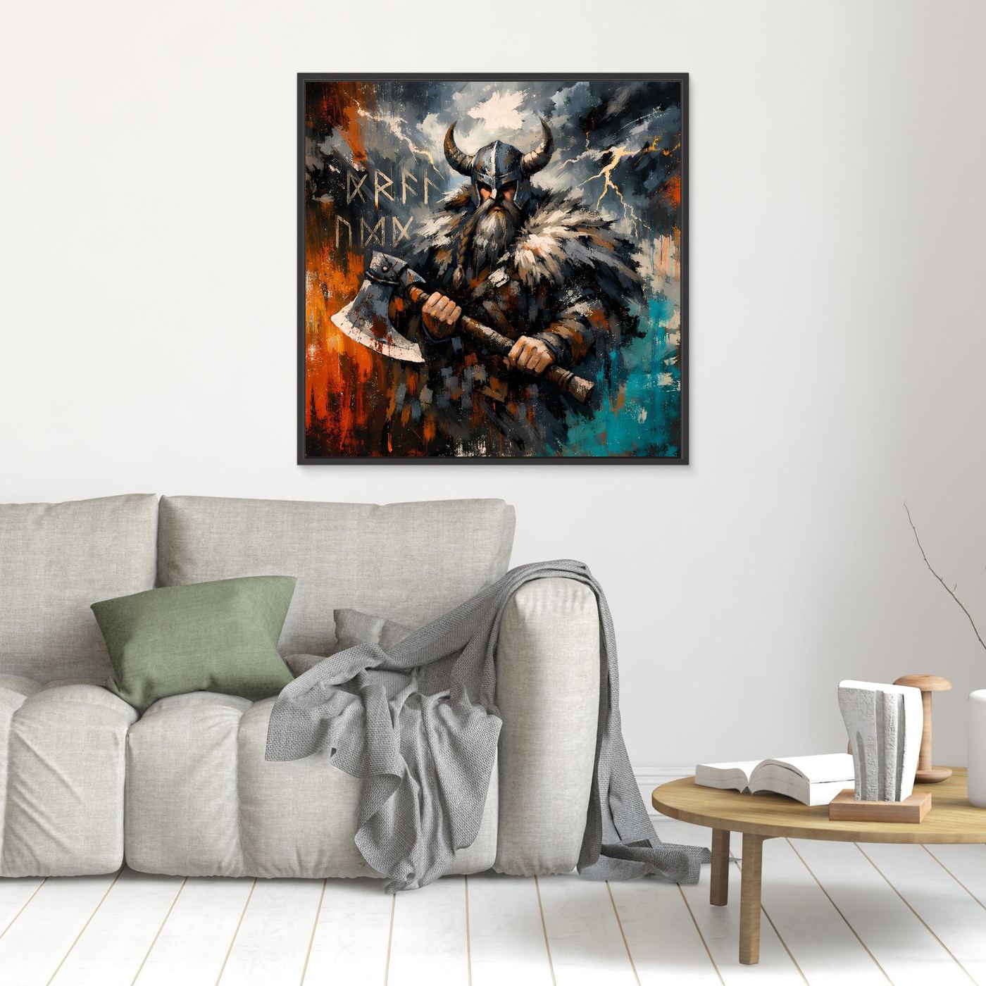 Wandbild mit Wikingerkrieger im Fellhelm und Streitaxt, schwarz gerahmt, abstrakt in Blau und Orange