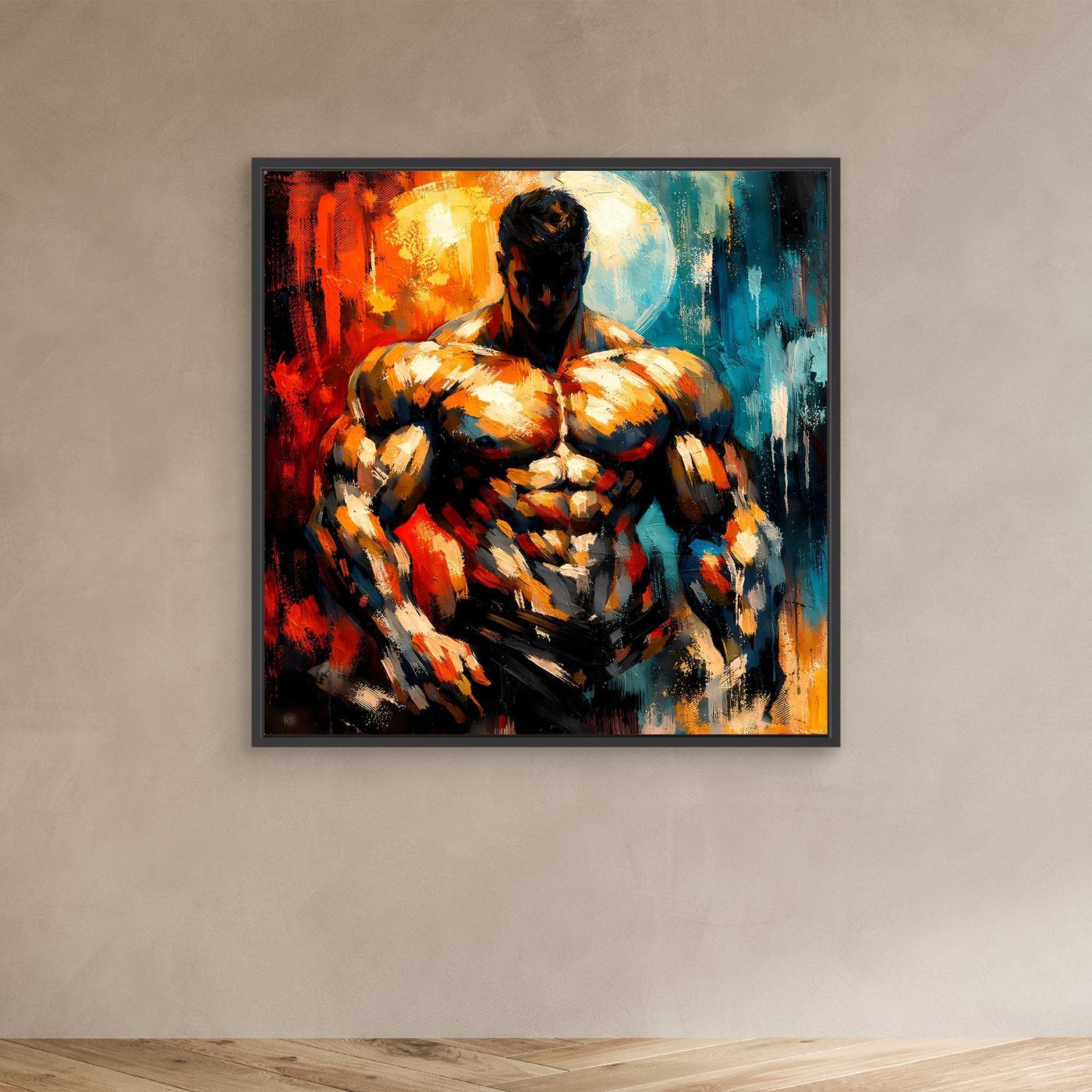 Leinwandbild mit abstraktem Bodybuilder, orange-blau, schwarz gerahmt