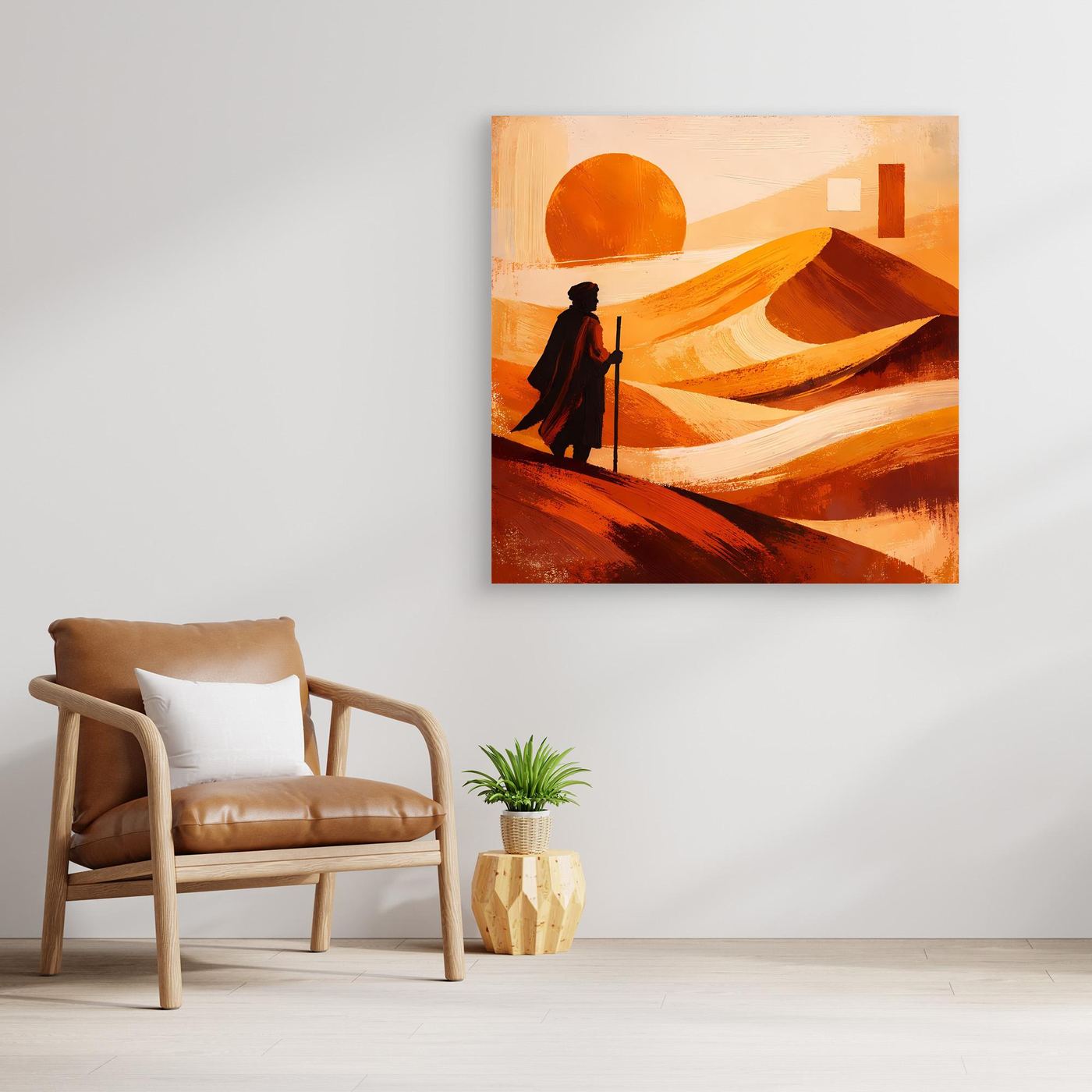 Leinwandbild mit Wüstenlandschaft: orange Sonne, Dünen in Orange und Rot sowie Wanderfigur mit Laterne.
