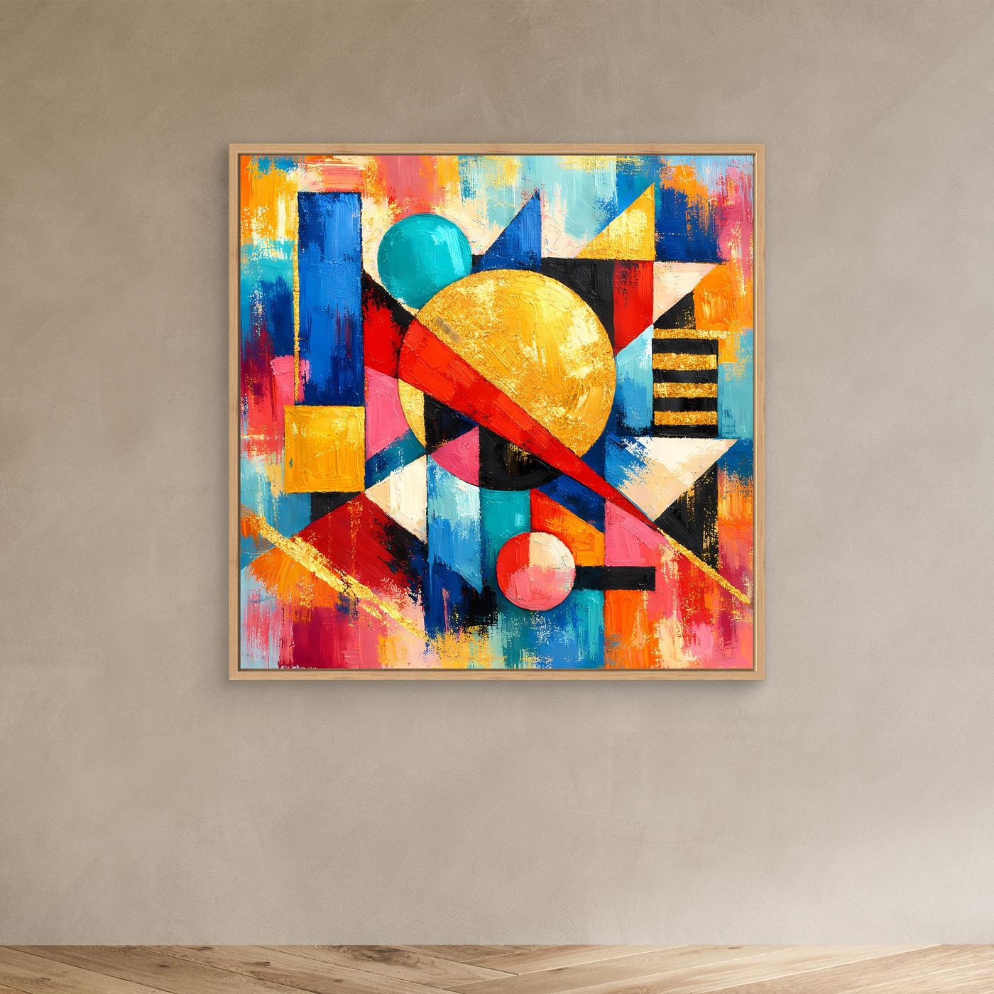 Leinwandbild im Eichenrahmen mit abstrakten geometrischen Formen, farbige Flächen und Kreise