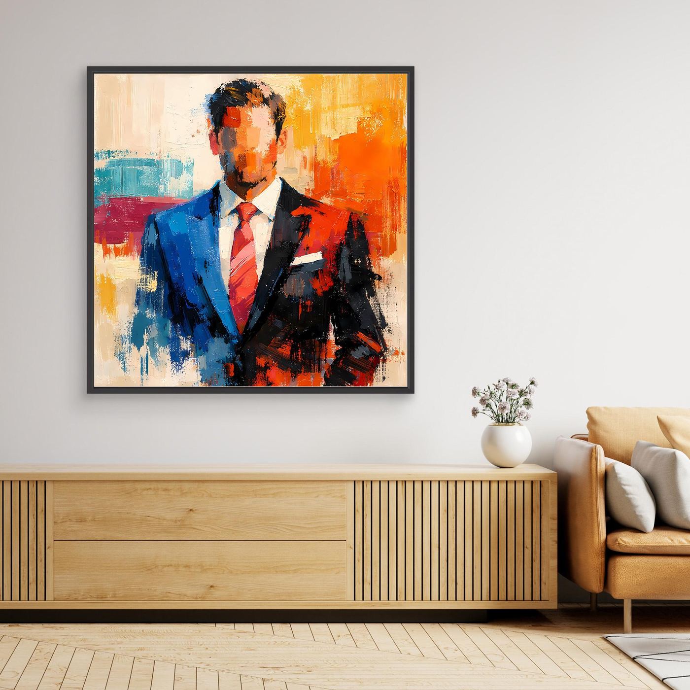 Abstract businessman suit canvas wall art, black frame, blue and orange brushstrokes