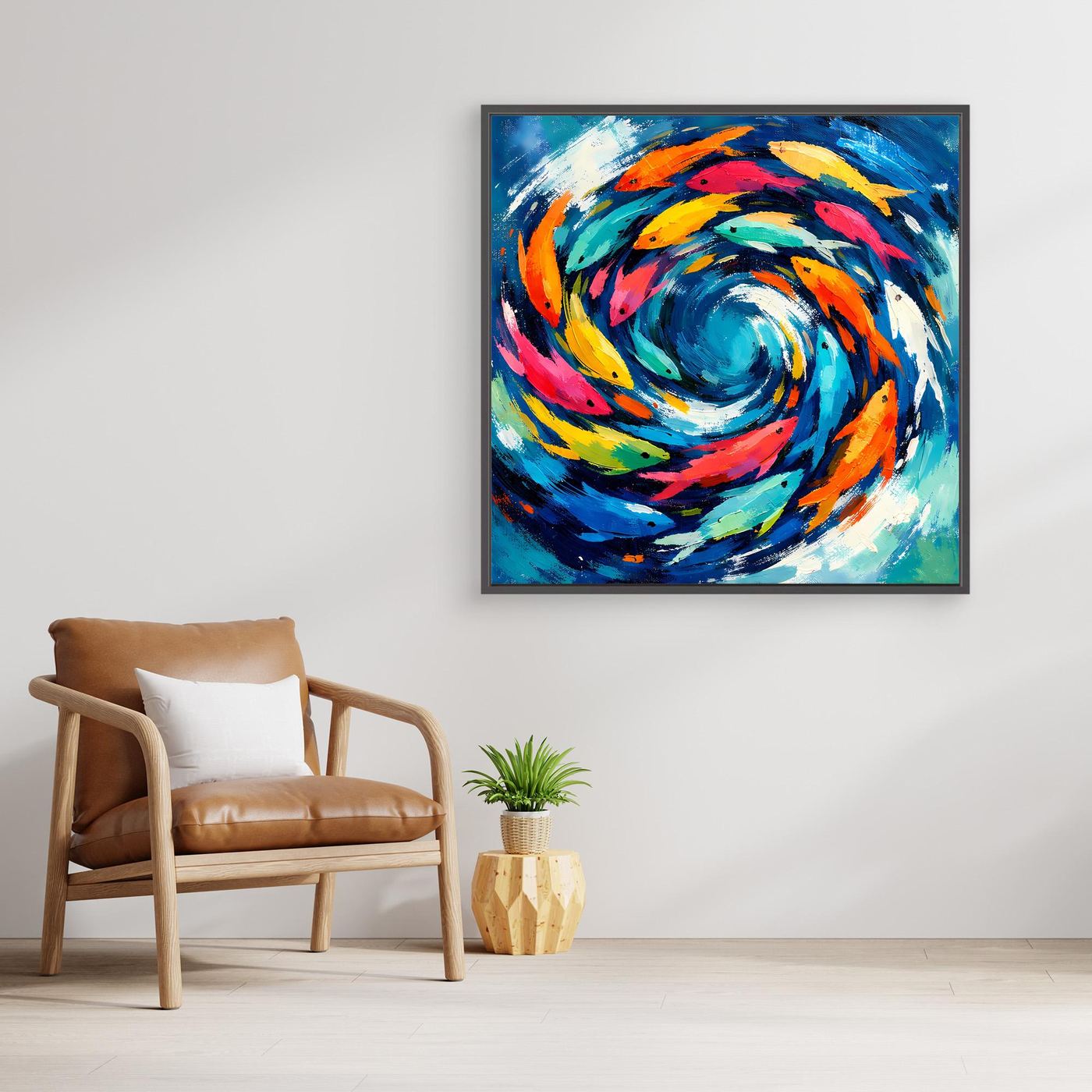 Leinwand Dynamischer Fischschwarm im Strudel | Abstraktes Ozean & Meer Wandbild
