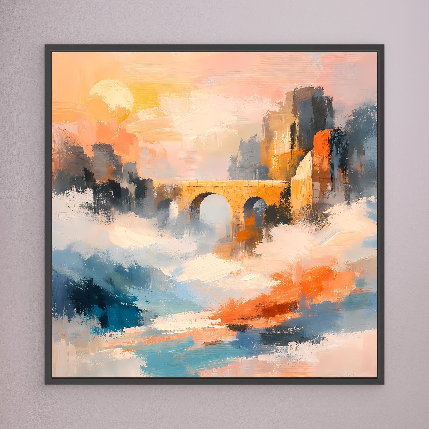 Premium Leinwand Historische Steinbrücke im Nebel | Abstraktes Aquädukt Wandbild im Sonnenaufgang
