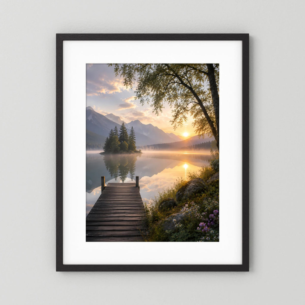 Bergsee mit Holzsteg | Sonnenuntergang in ruhiger Berglandschaft | Poster Hochformat