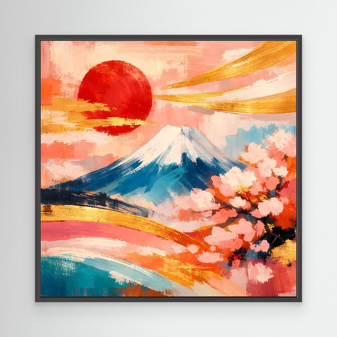 Leinwandbild mit Berg Fuji und Kirschblüten, abstrakte Rottöne, mit schwarzem Rahmen