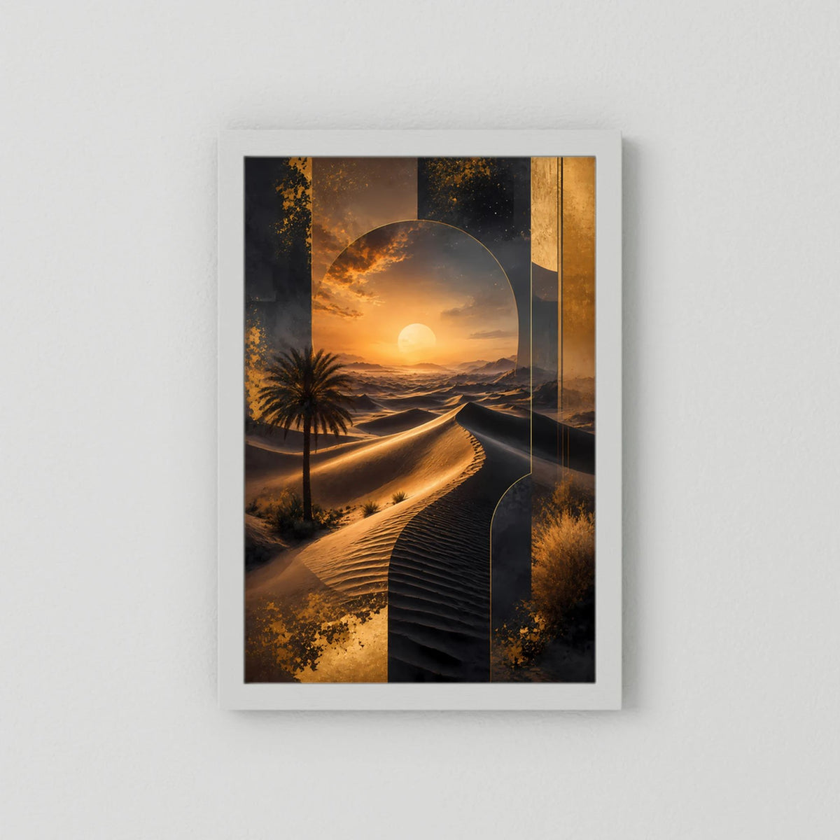 Hochformat-Poster: abstrakte Dünen in Schwarz und Gold, Sonnenuntergang, weißer Rahmen